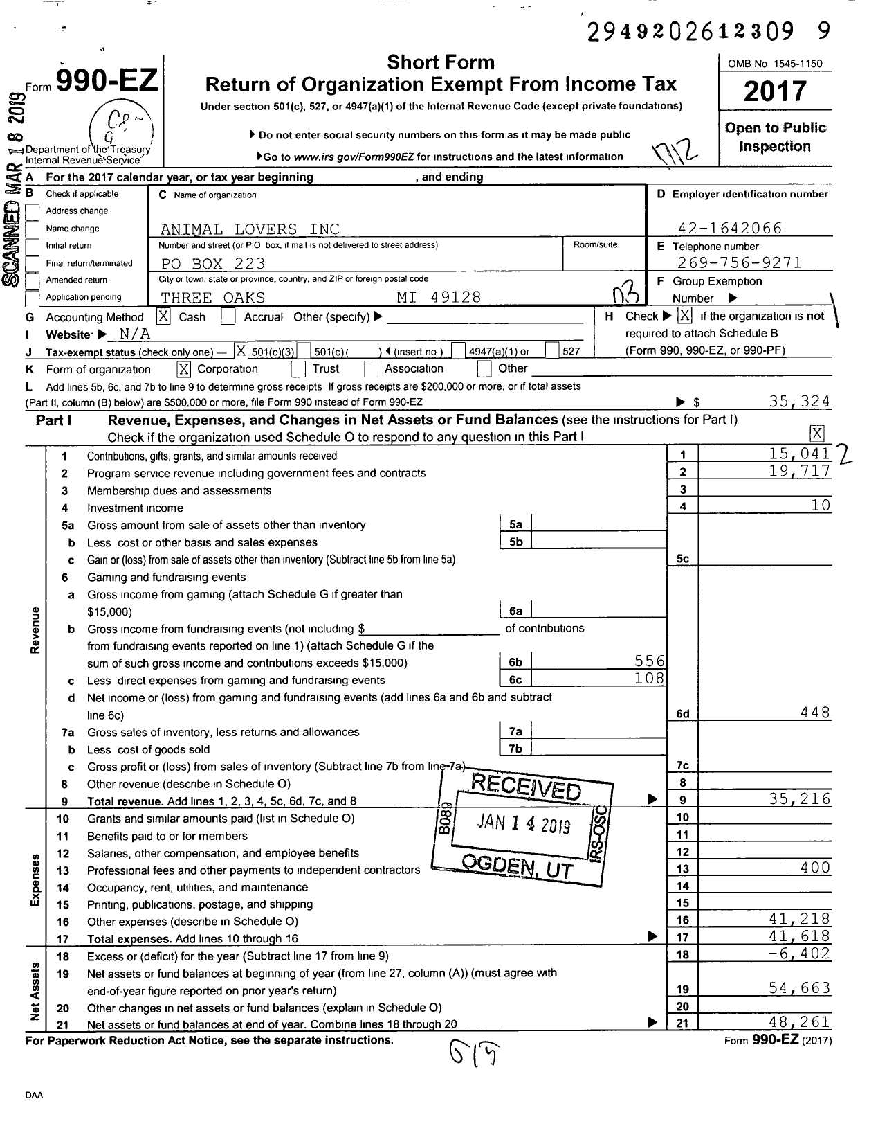 Image of first page of 2017 Form 990EZ for Animal Lovers