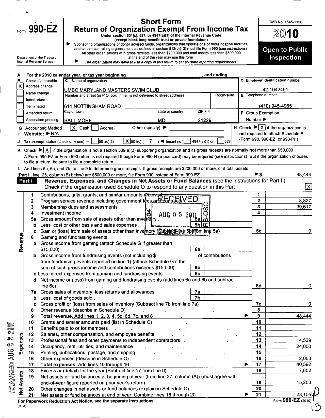 Image of first page of 2010 Form 990EO for Umbc Maryland Masters Swim Club