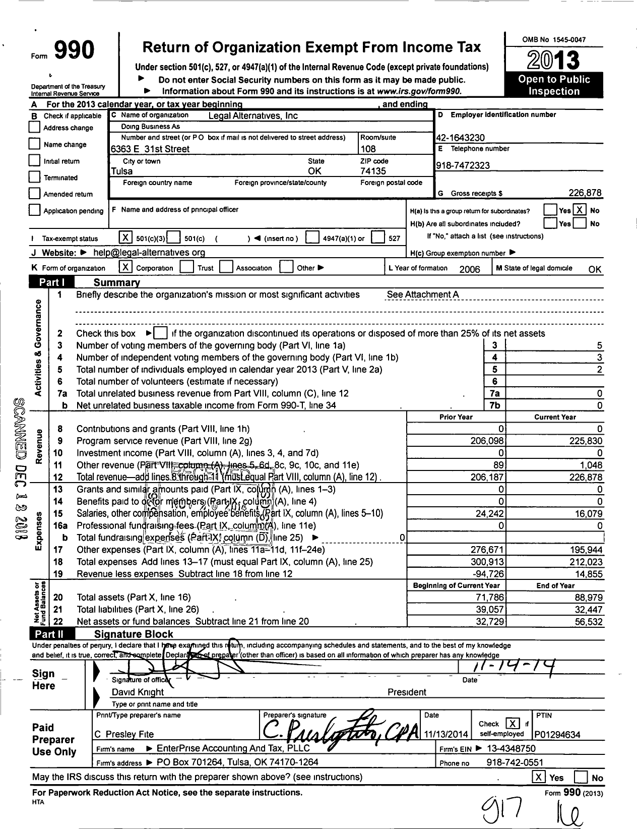 Image of first page of 2013 Form 990 for Legal Alternatives