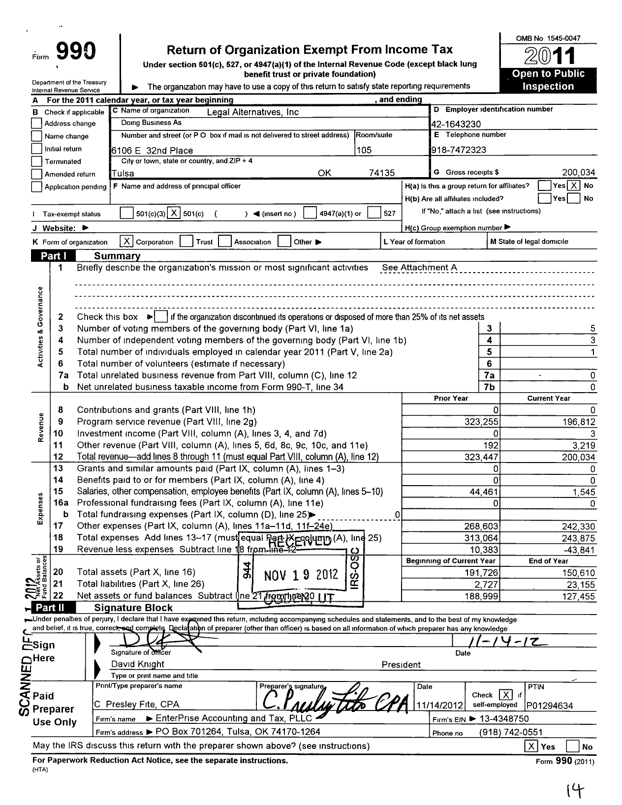 Image of first page of 2011 Form 990O for Legal Alternatives