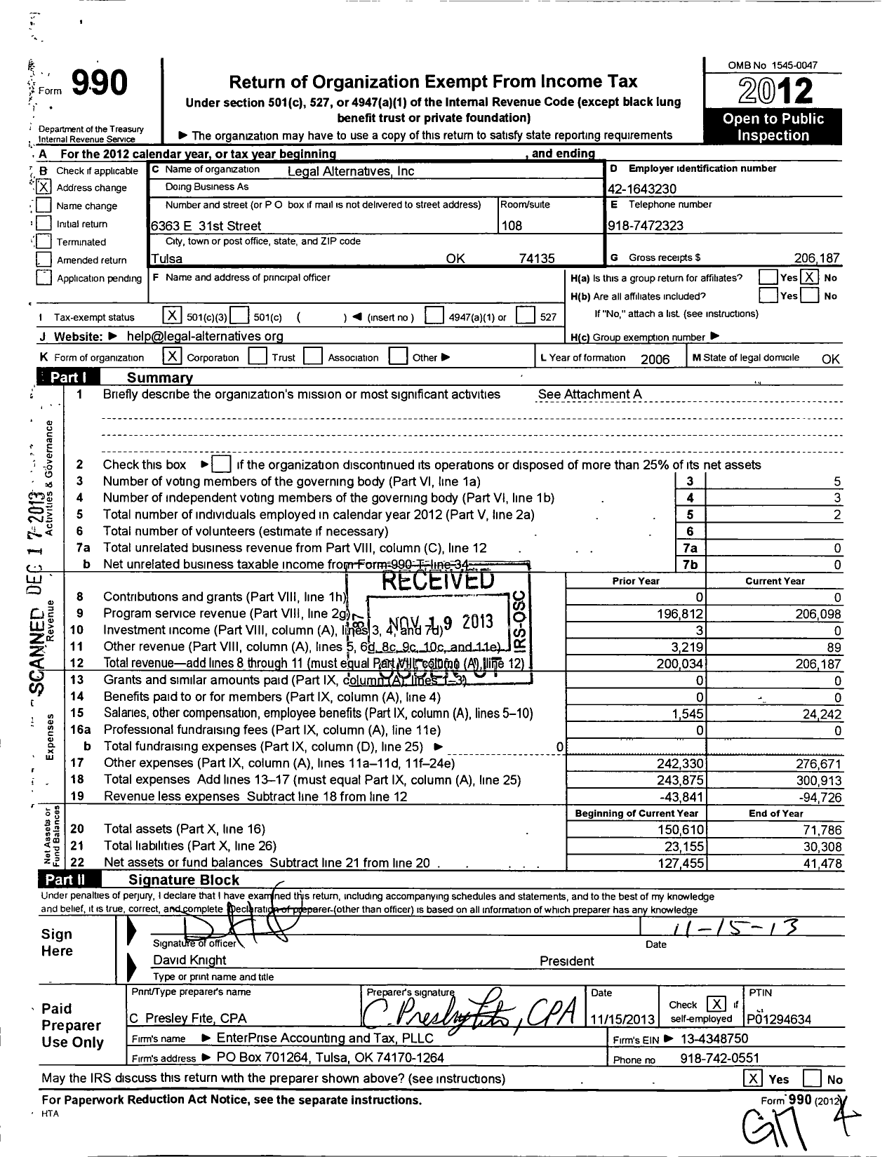 Image of first page of 2012 Form 990 for Legal Alternatives