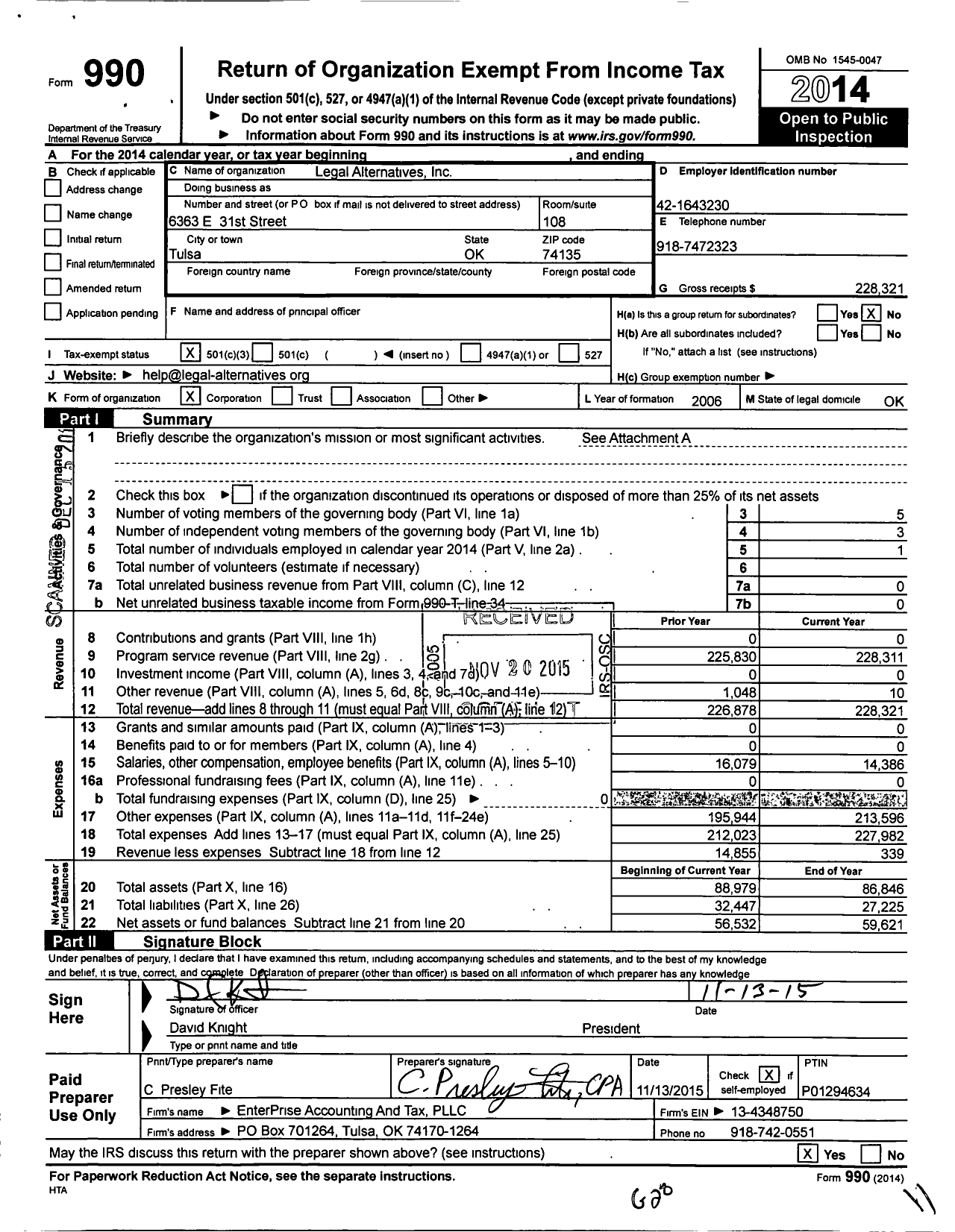 Image of first page of 2014 Form 990 for Legal Alternatives