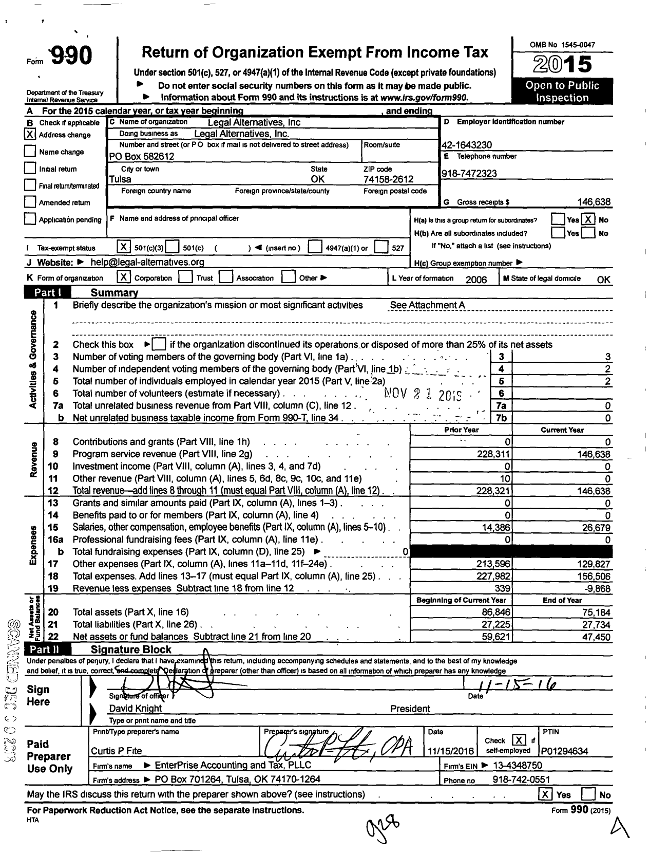 Image of first page of 2015 Form 990 for Legal Alternatives