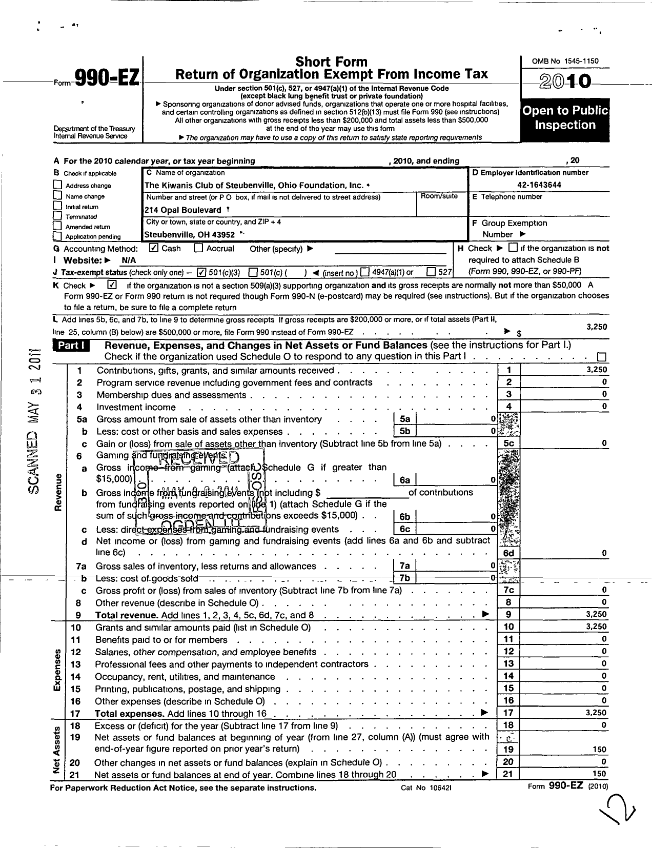 Image of first page of 2010 Form 990EZ for Kiwanis Club of Steubenville Ohio Foundation