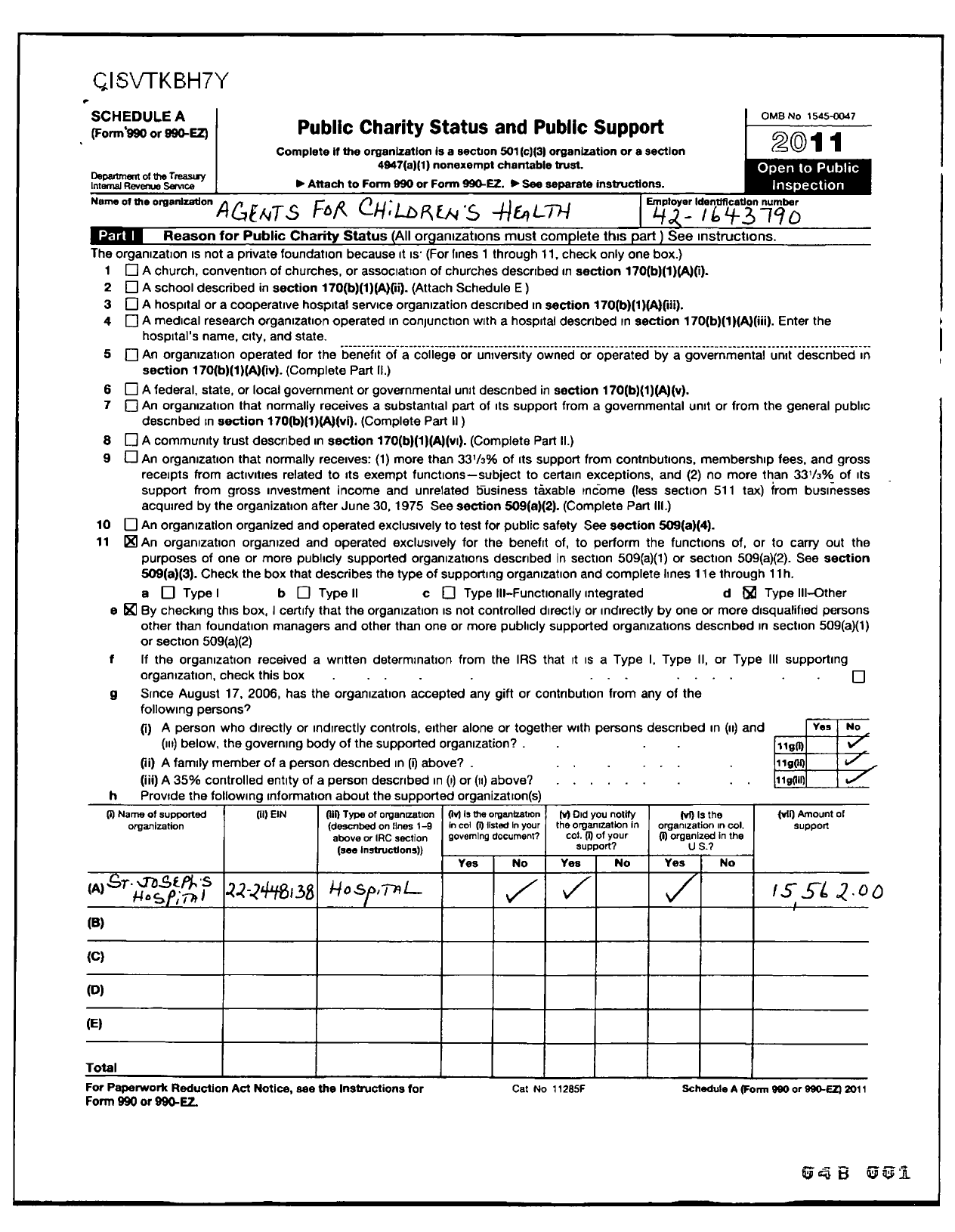 Image of first page of 2011 Form 990ER for Agents for Children's Health