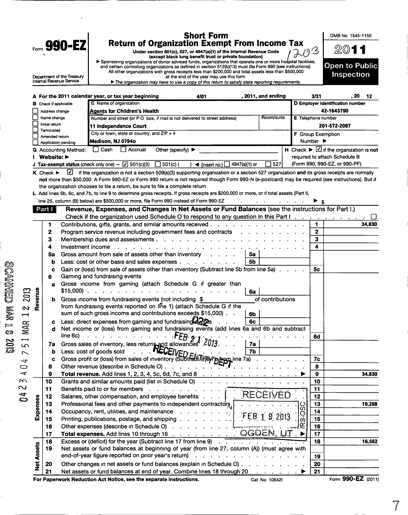 Image of first page of 2011 Form 990EZ for Agents for Children's Health