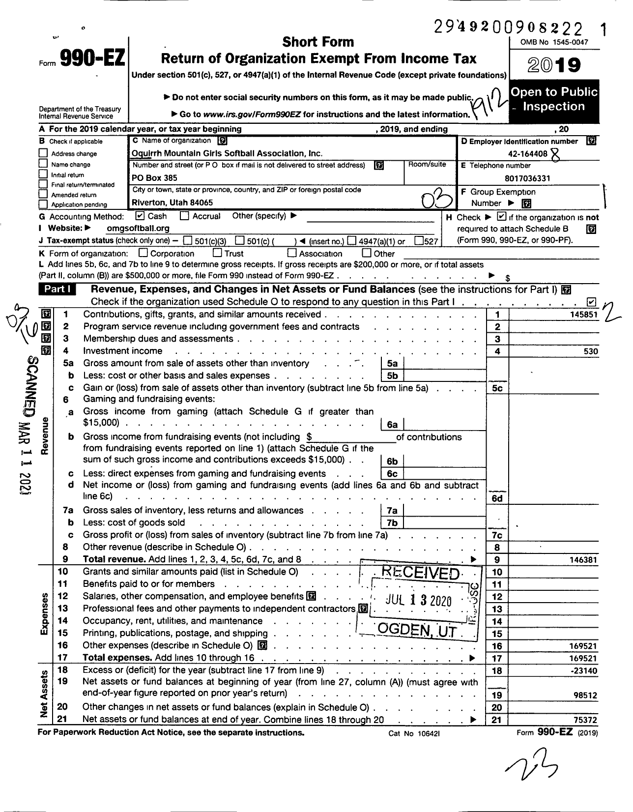 Image of first page of 2019 Form 990EZ for Oquirrh Mountain Girls Softball Association (OMGS)