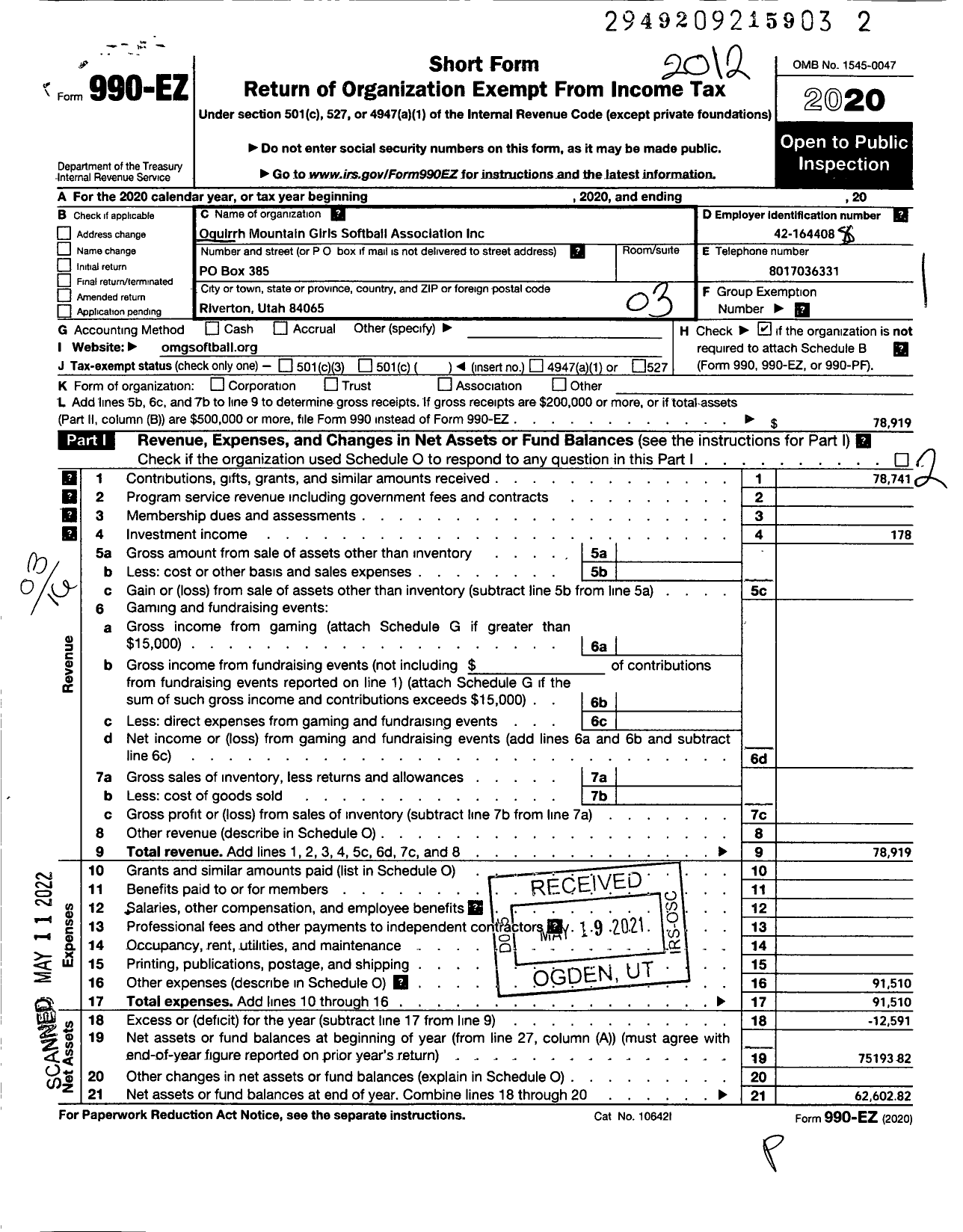 Image of first page of 2020 Form 990EZ for Oquirrh Mountain Girls Softball Association (OMGS)