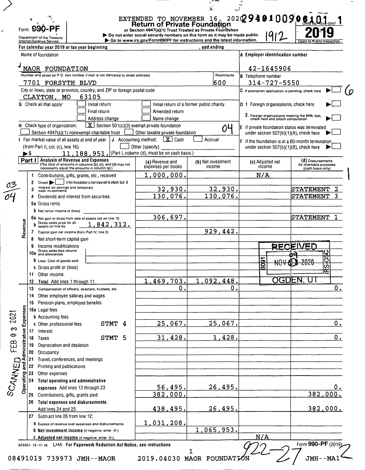 Image of first page of 2019 Form 990PF for Maor Foundation