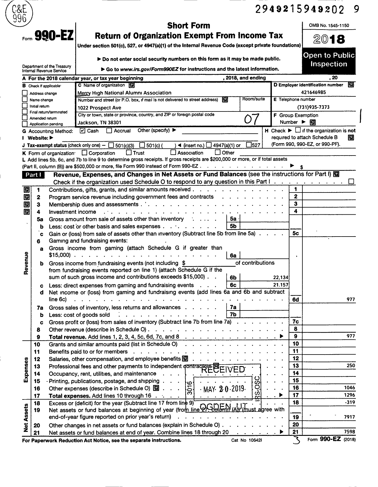 Image of first page of 2018 Form 990EO for Merry High School National Alumni Association