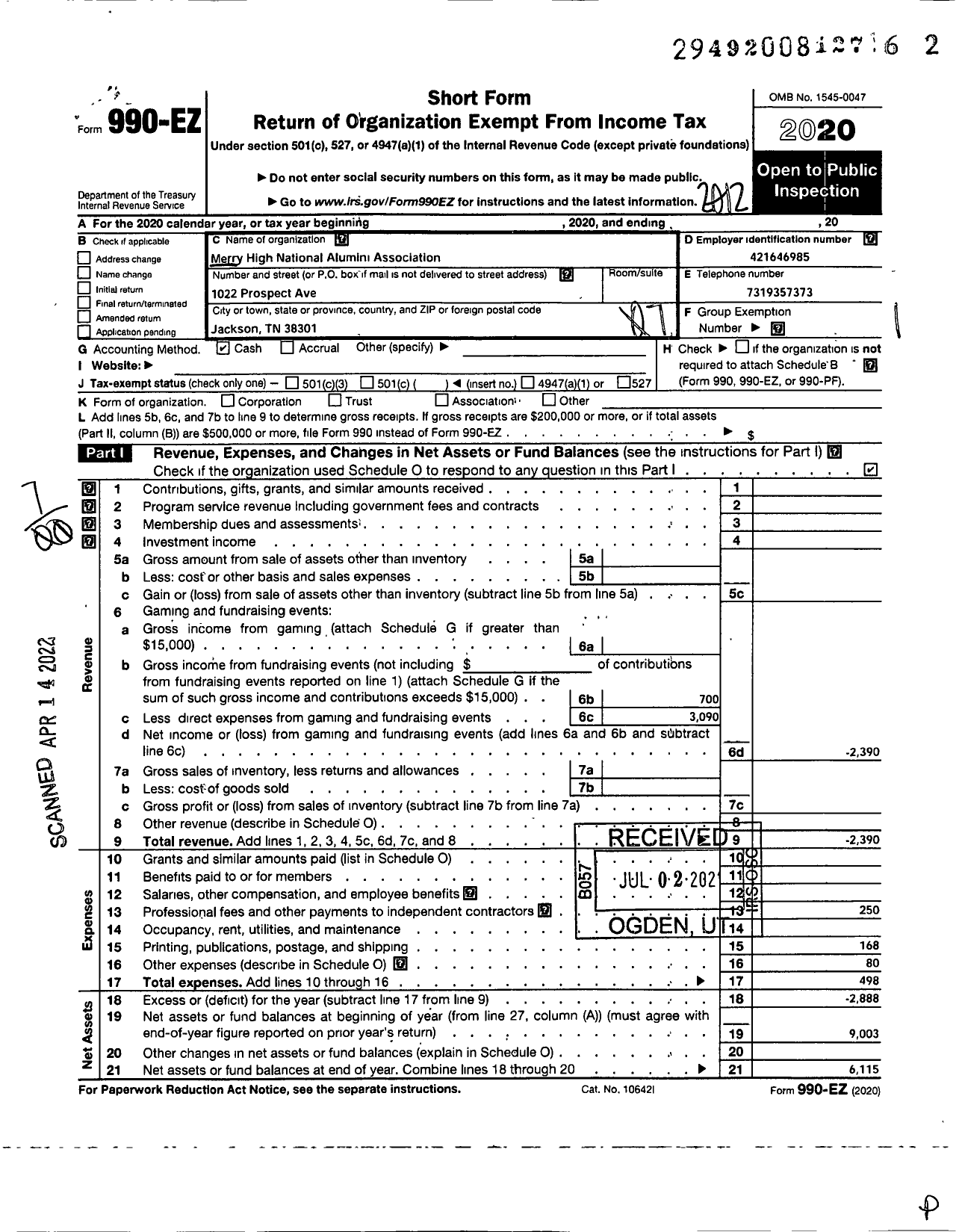 Image of first page of 2020 Form 990EO for Merry High School National Alumni Association