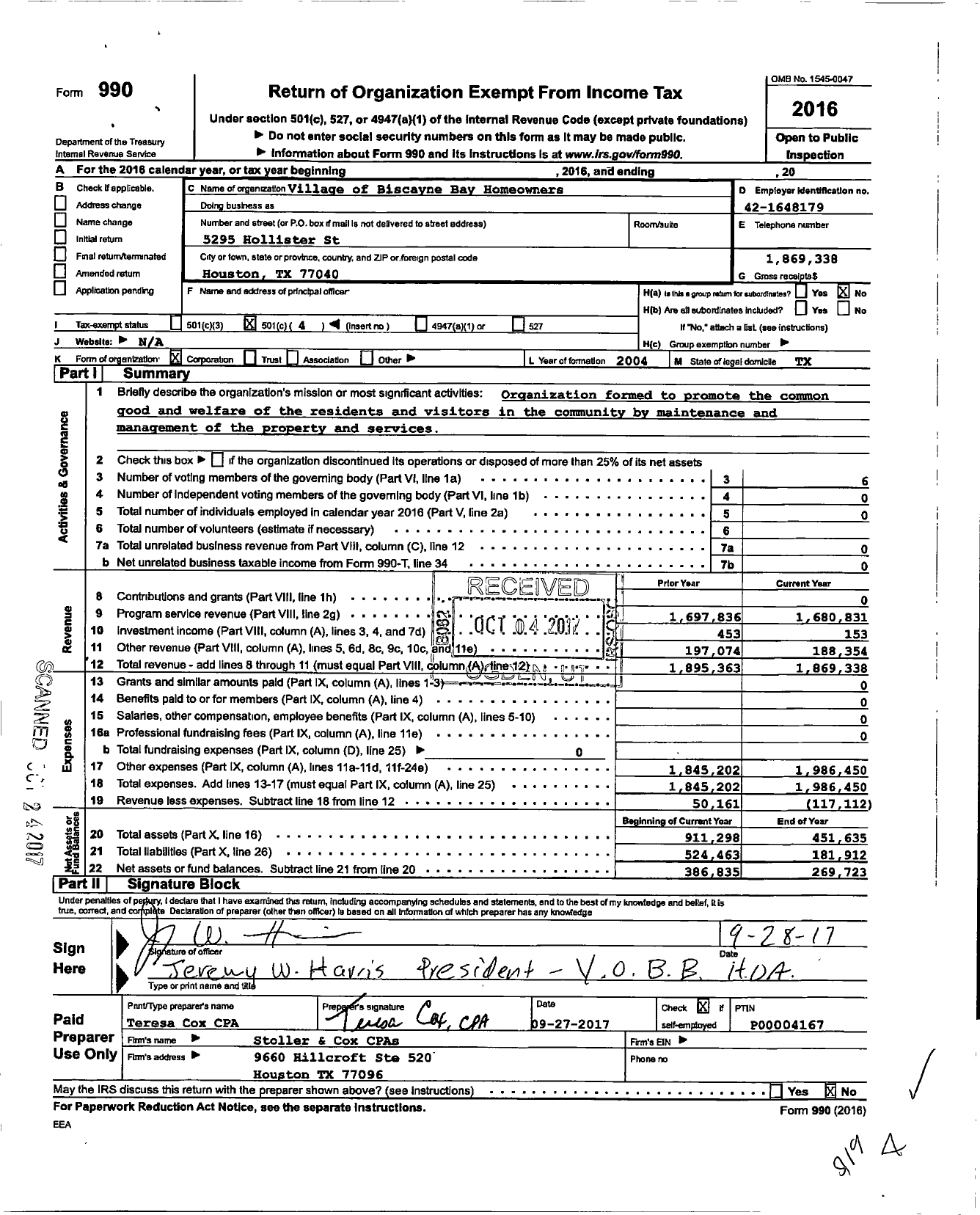 Image of first page of 2016 Form 990O for Village of Biscayne Bay Homeowners Association