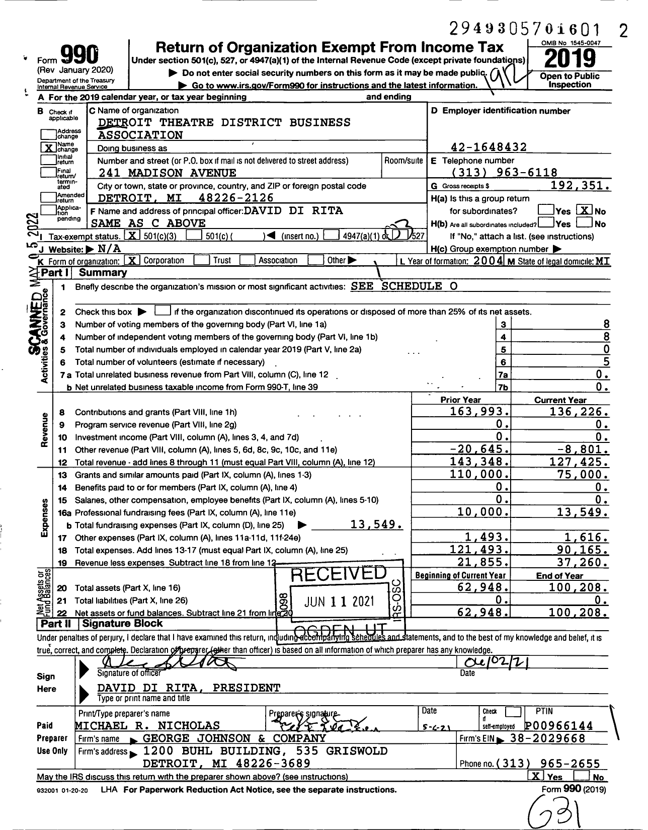 Image of first page of 2019 Form 990 for Detroit Theatre District Business Association