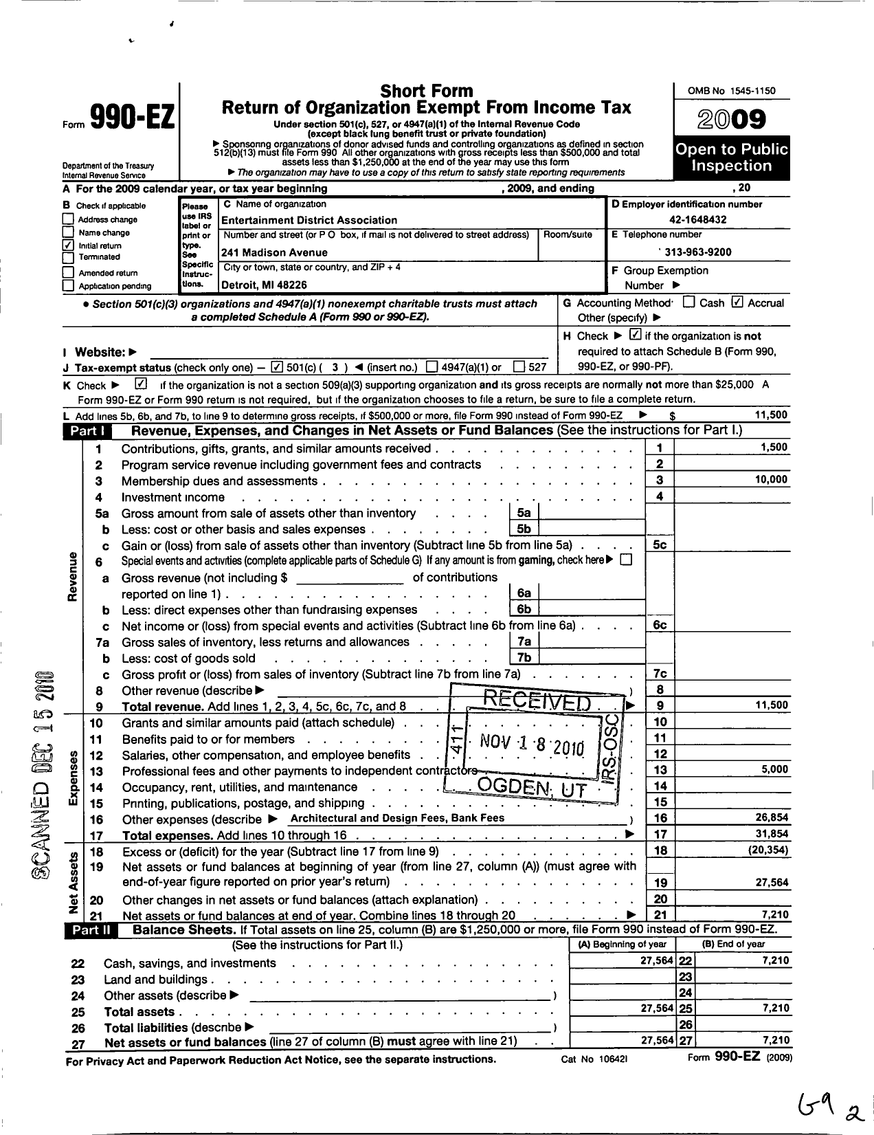 Image of first page of 2009 Form 990EZ for Detroit Theatre District Business Association
