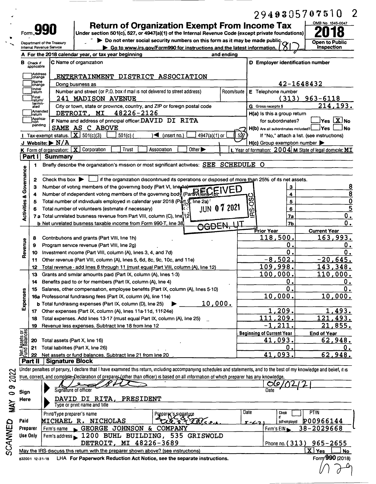 Image of first page of 2018 Form 990 for Detroit Theatre District Business Association