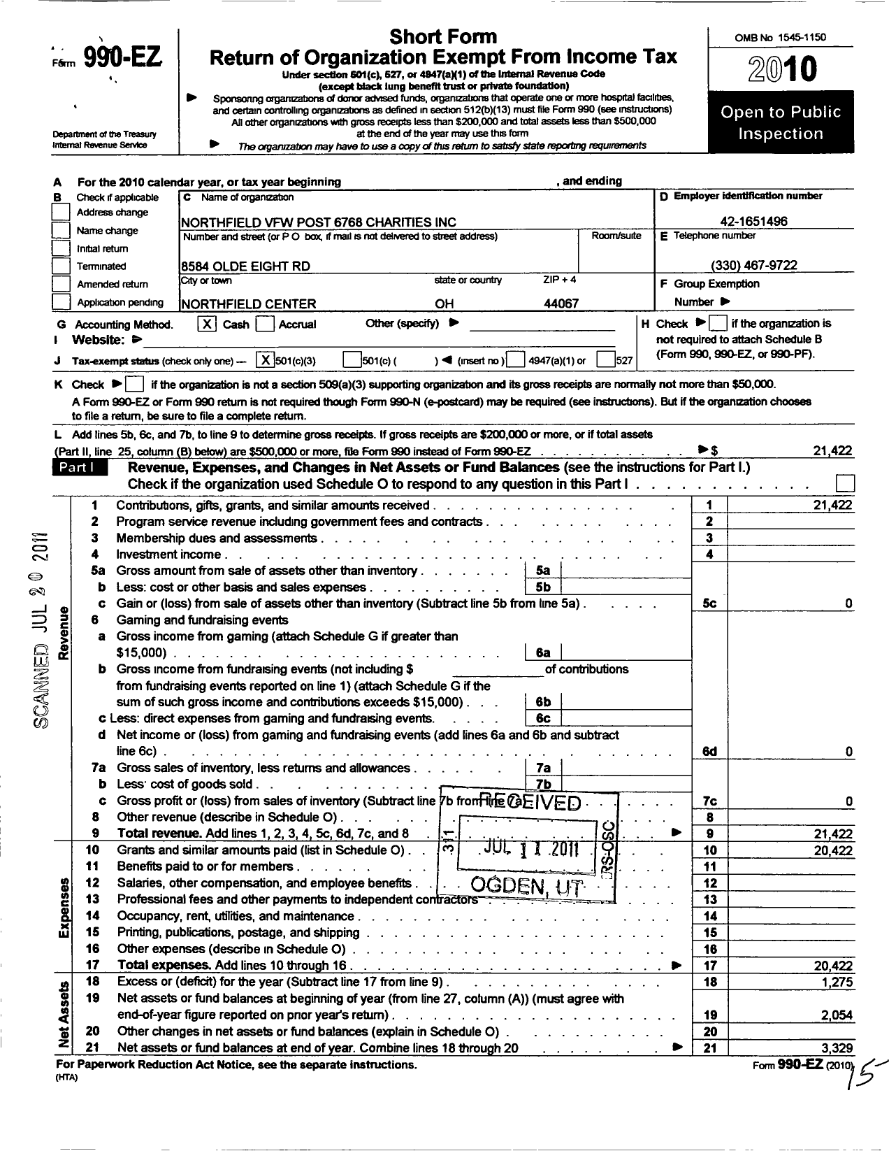 Image of first page of 2010 Form 990EZ for Northfield VFW Post 6768 Charities