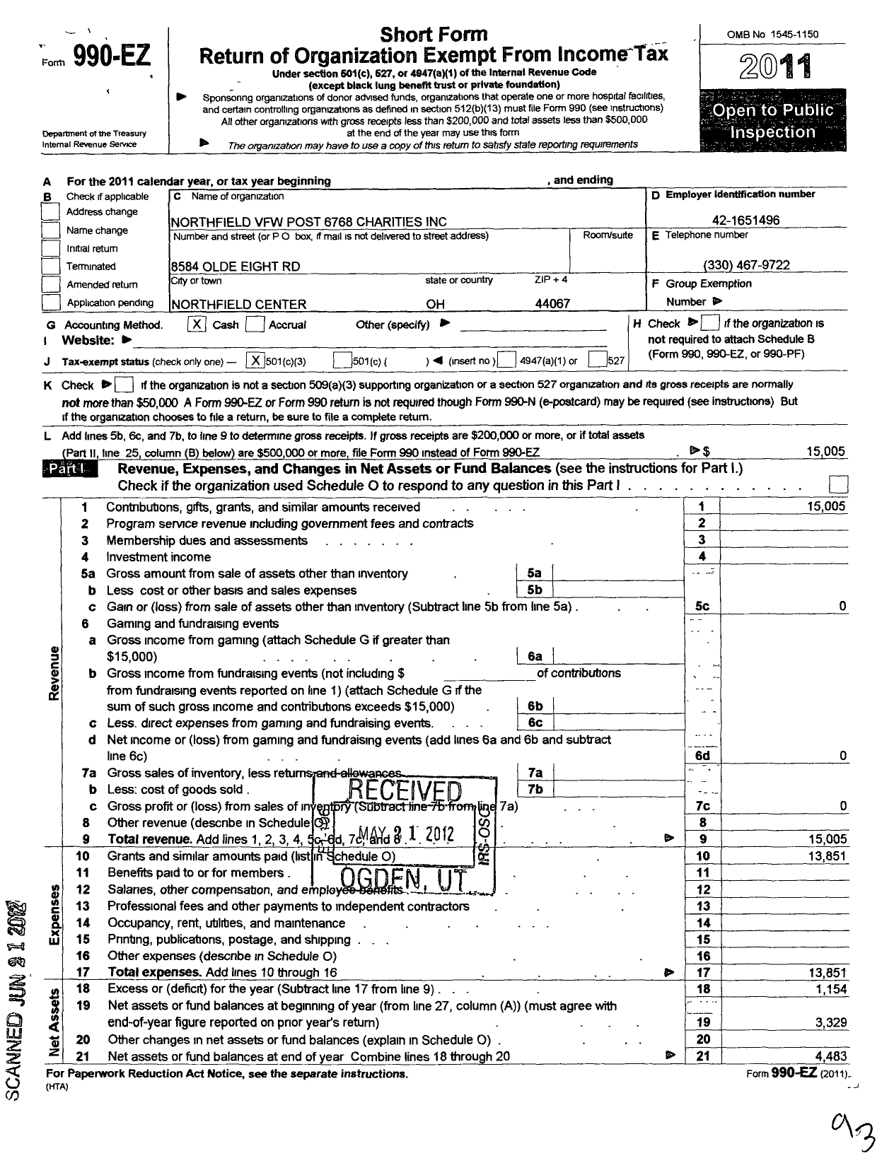 Image of first page of 2011 Form 990EZ for Northfield VFW Post 6768 Charities
