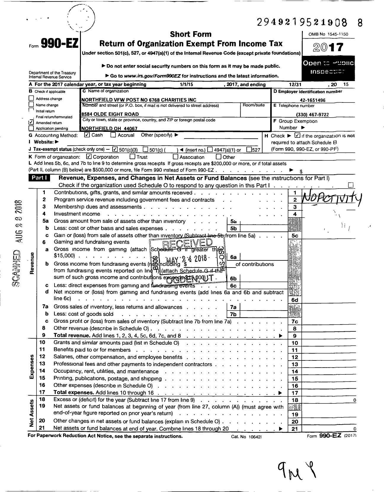 Image of first page of 2015 Form 990EZ for Northfield VFW Post 6768 Charities