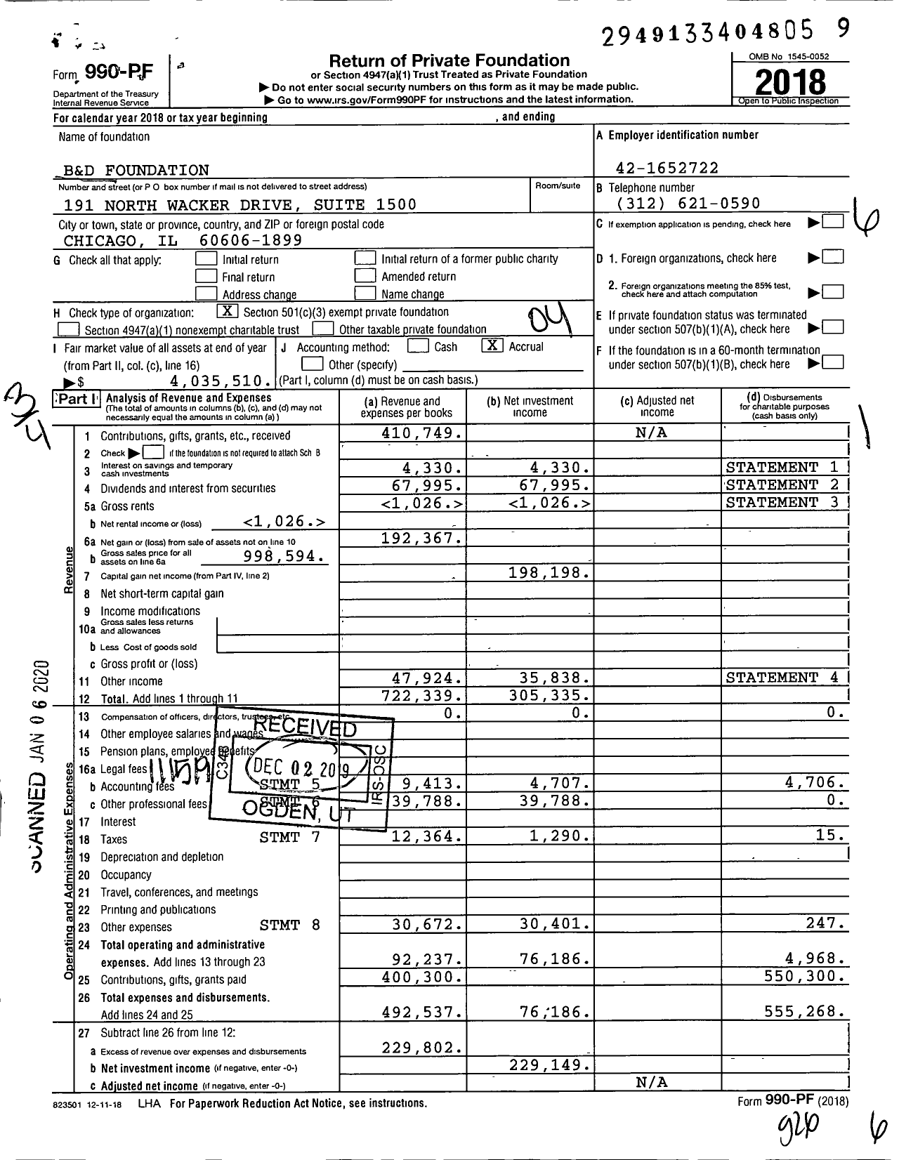 Image of first page of 2018 Form 990PF for B&D Foundation