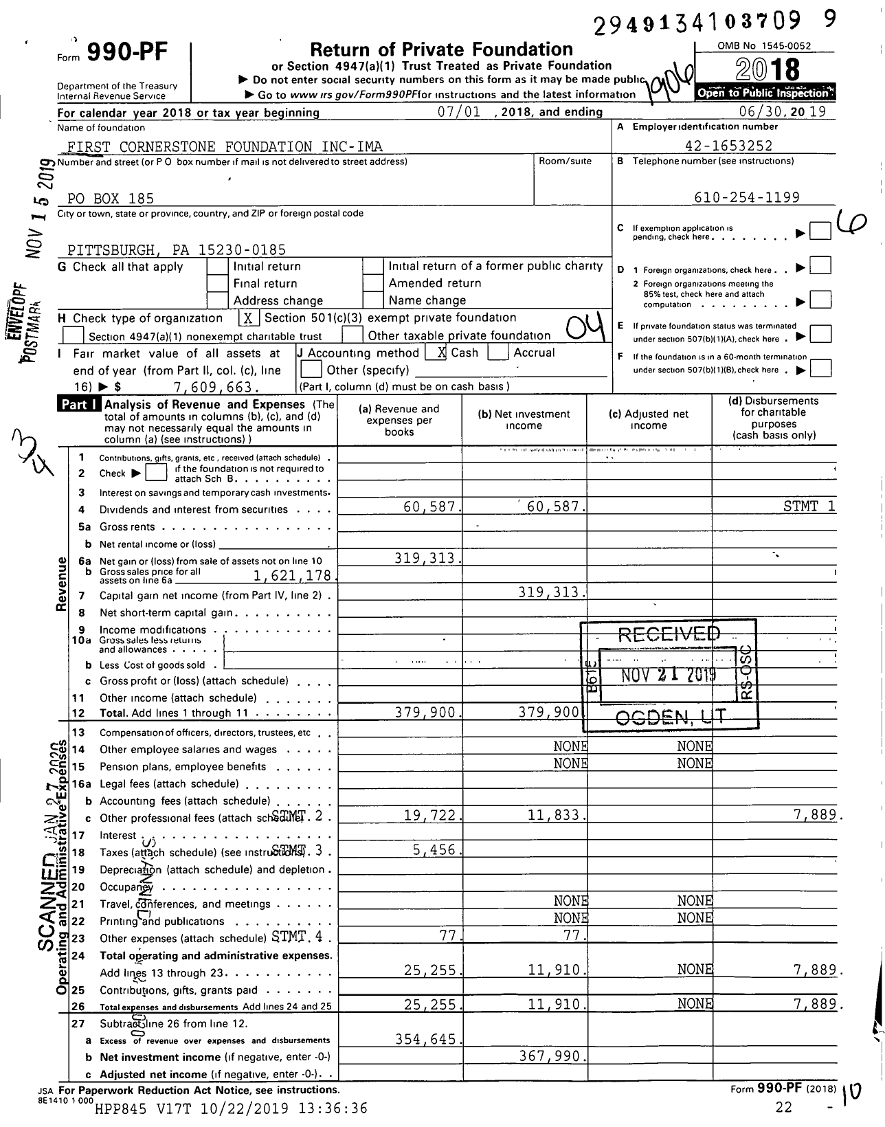 Image of first page of 2018 Form 990PF for First Cornerstone Foundation Inc-Ima