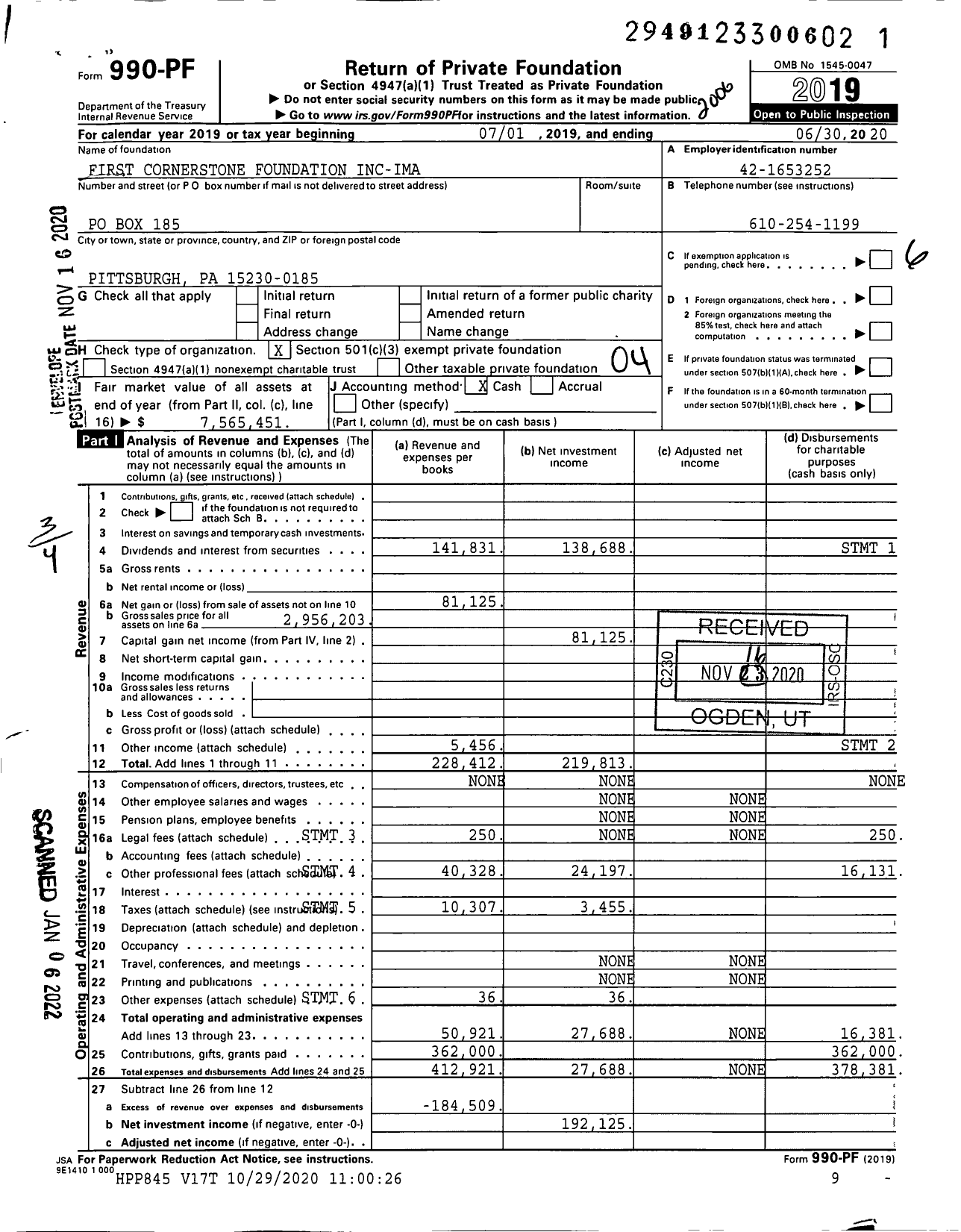 Image of first page of 2019 Form 990PF for First Cornerstone Foundation Inc-Ima