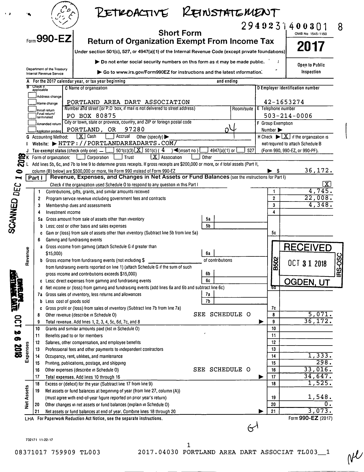 Image of first page of 2017 Form 990EO for Portland Area Dart Association