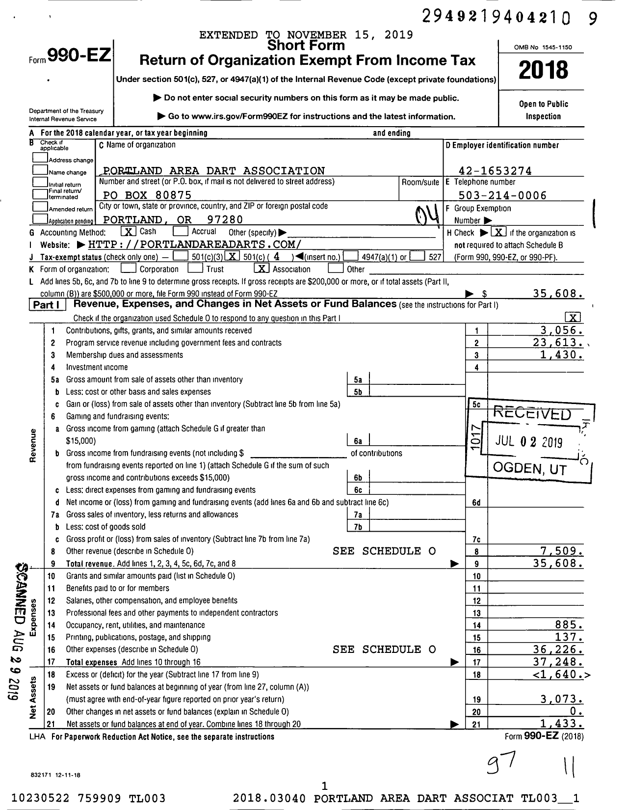 Image of first page of 2018 Form 990EO for Portland Area Dart Association