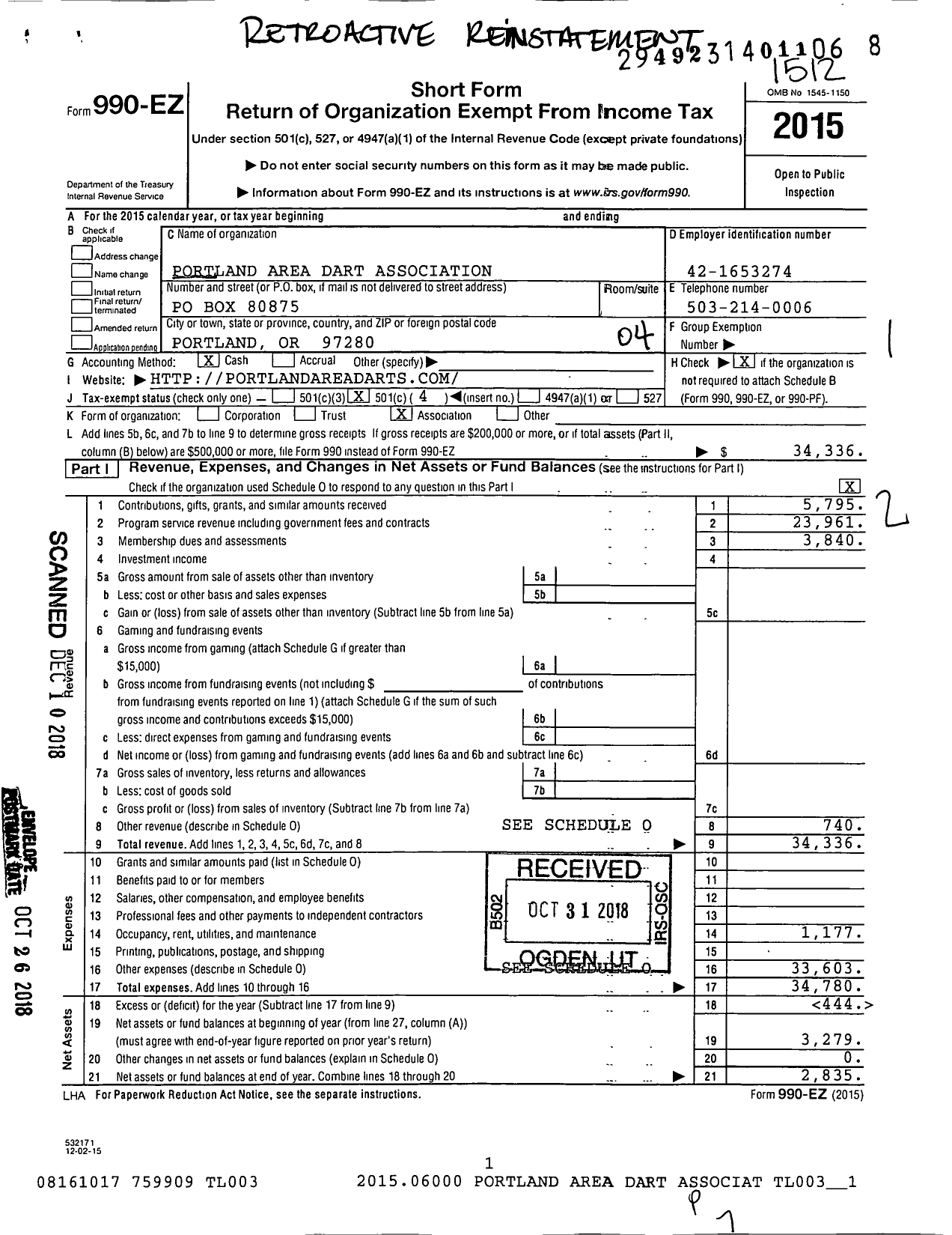 Image of first page of 2015 Form 990EO for Portland Area Dart Association