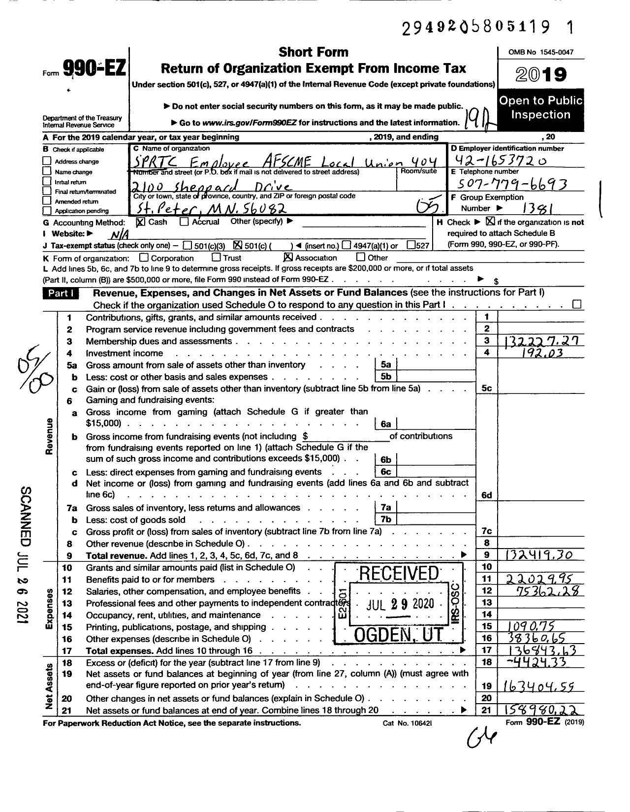 Image of first page of 2019 Form 990EO for American Federation of State County & Municipal Employees - L0404MN St Peter Reg TRTMT Ctr Empl