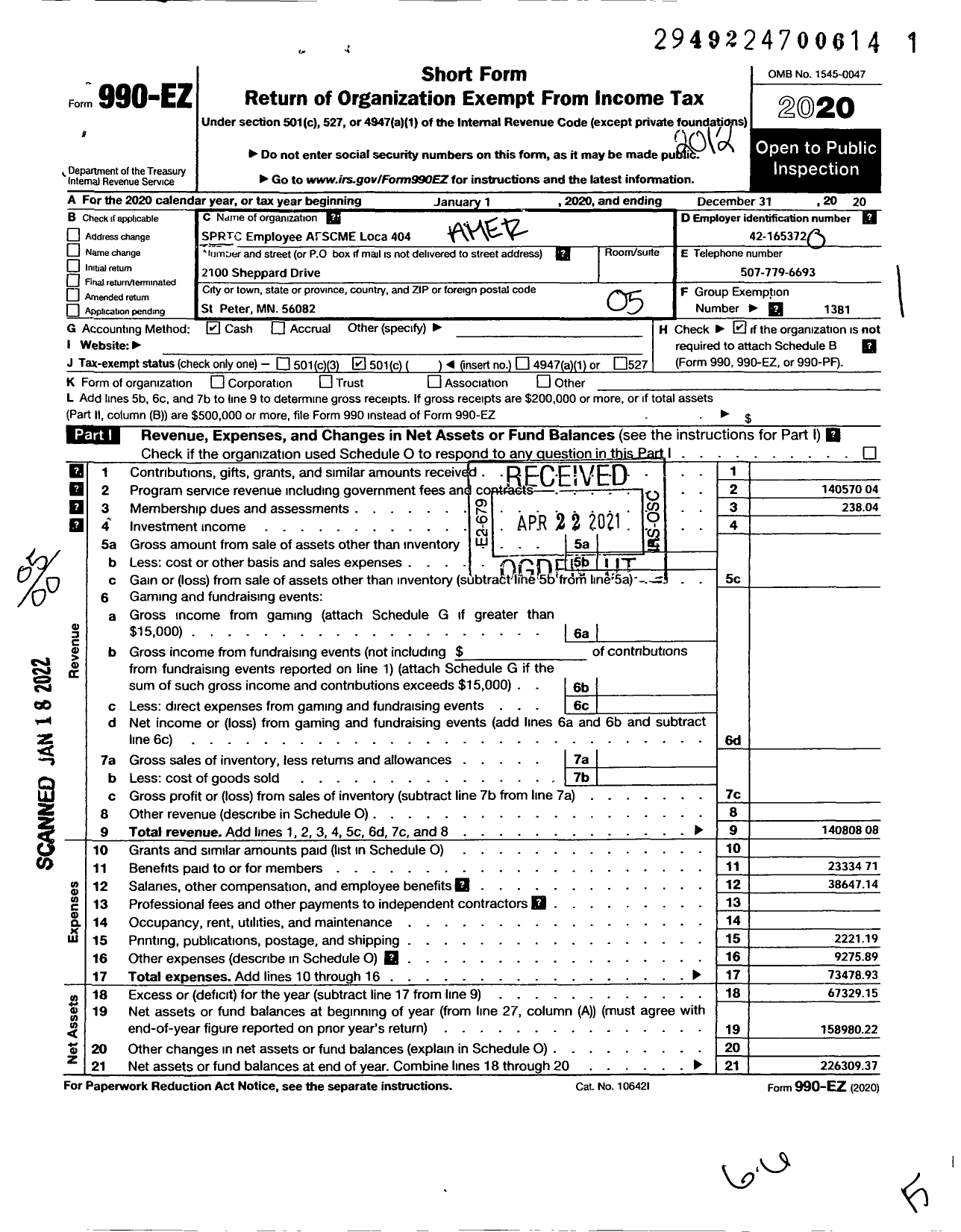 Image of first page of 2020 Form 990EO for American Federation of State County & Municipal Employees - L0404MN St Peter Reg TRTMT Ctr Empl