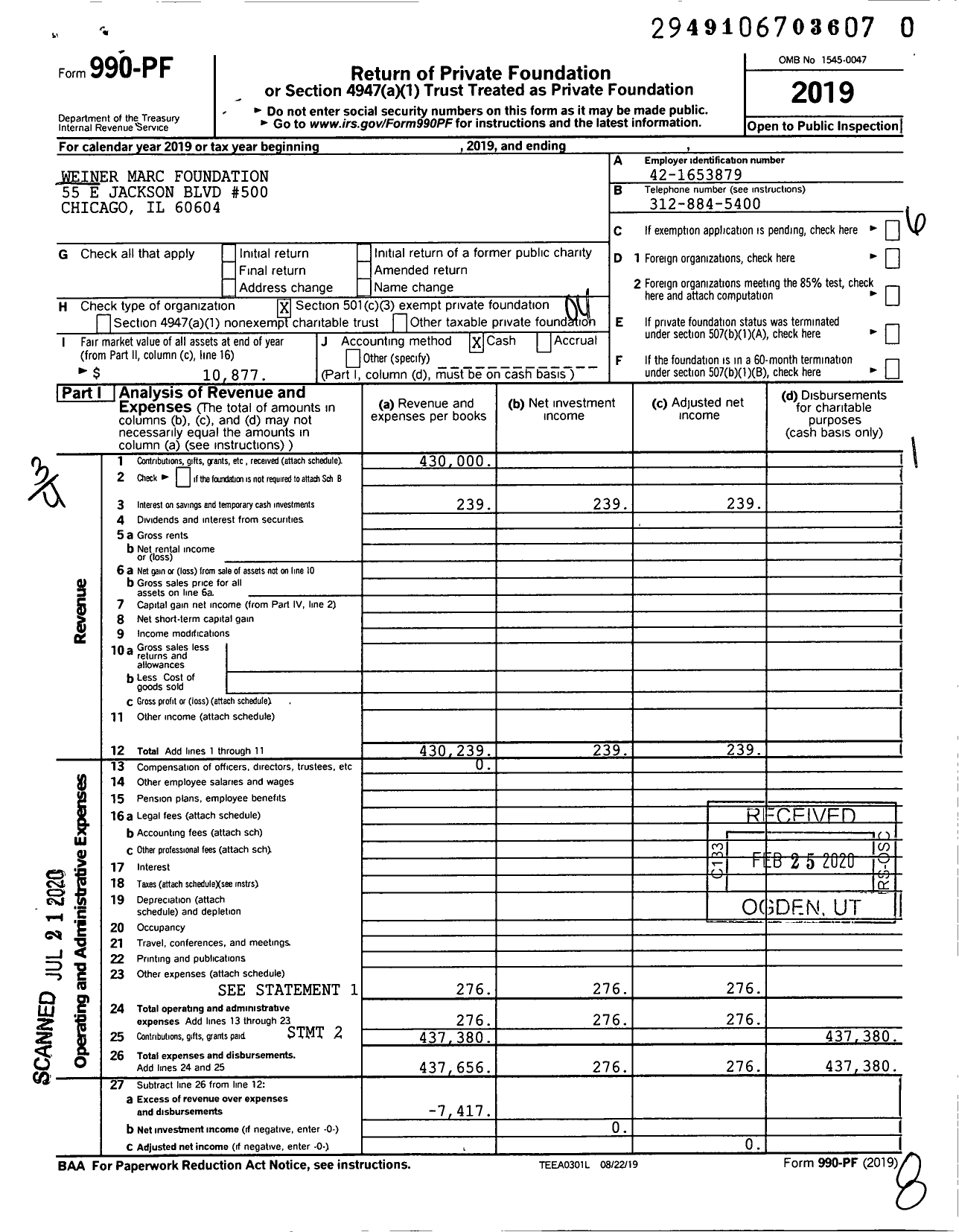 Image of first page of 2019 Form 990PR for Weiner Marc Foundation