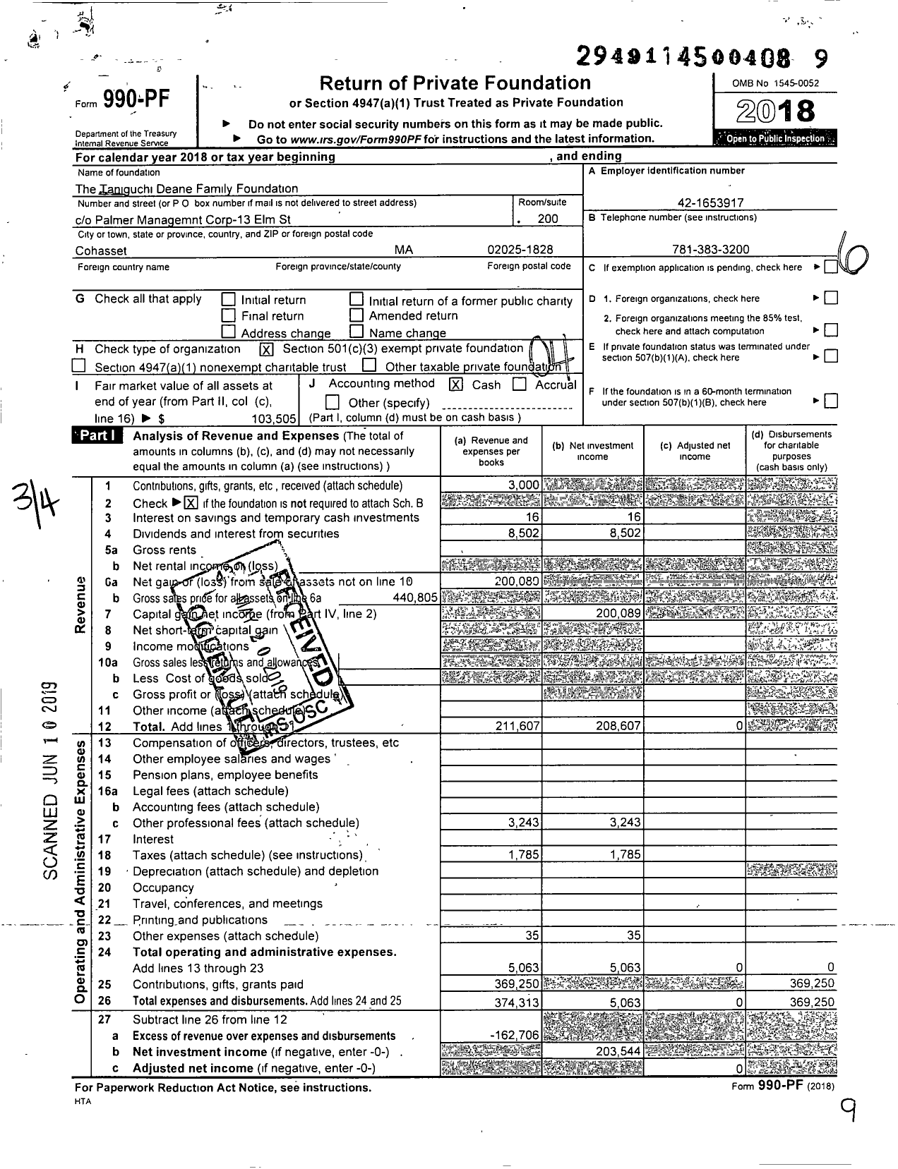 Image of first page of 2018 Form 990PF for The Taniguchi Deane Family Foundation