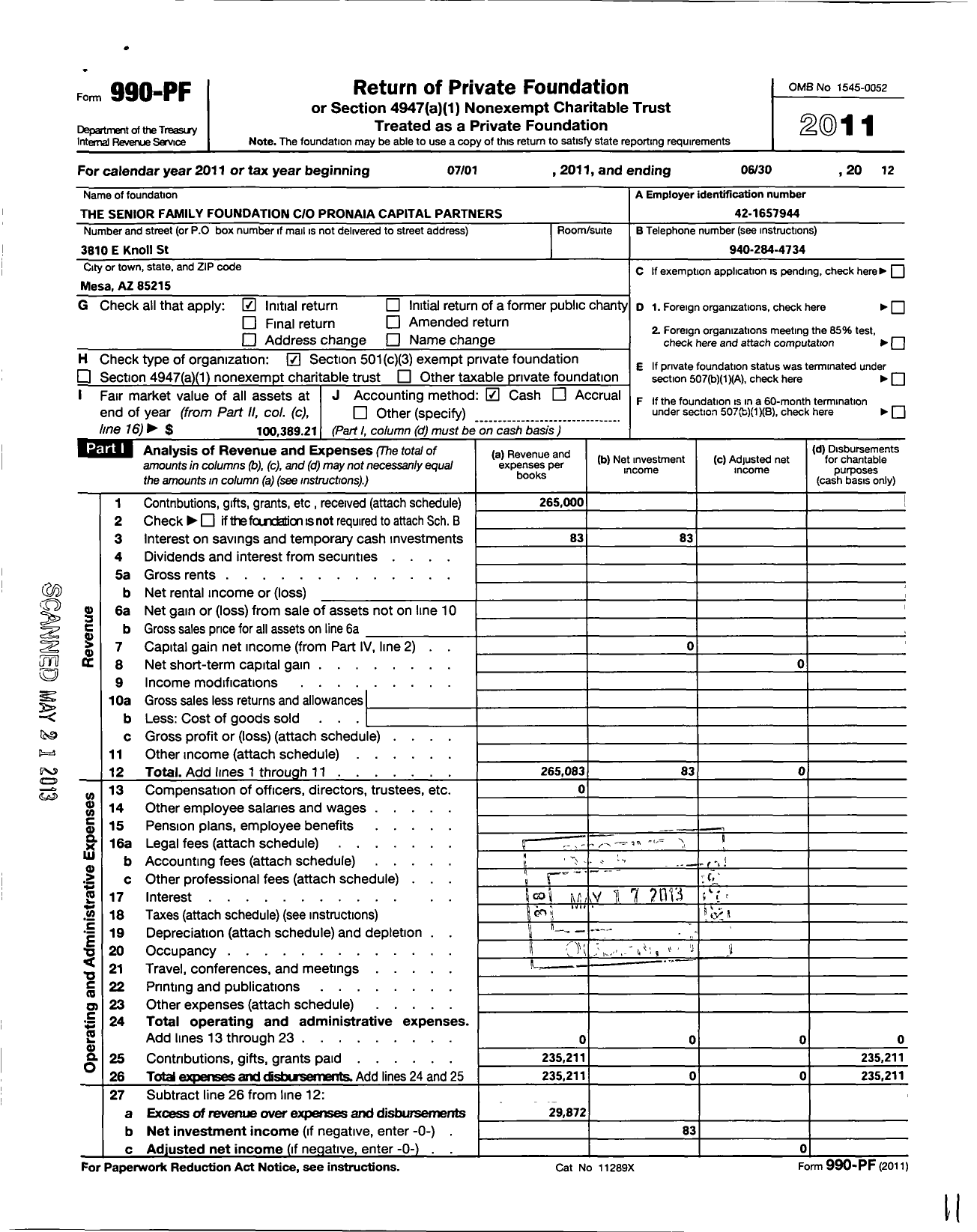 Image of first page of 2011 Form 990PF for Senior Family Foundation