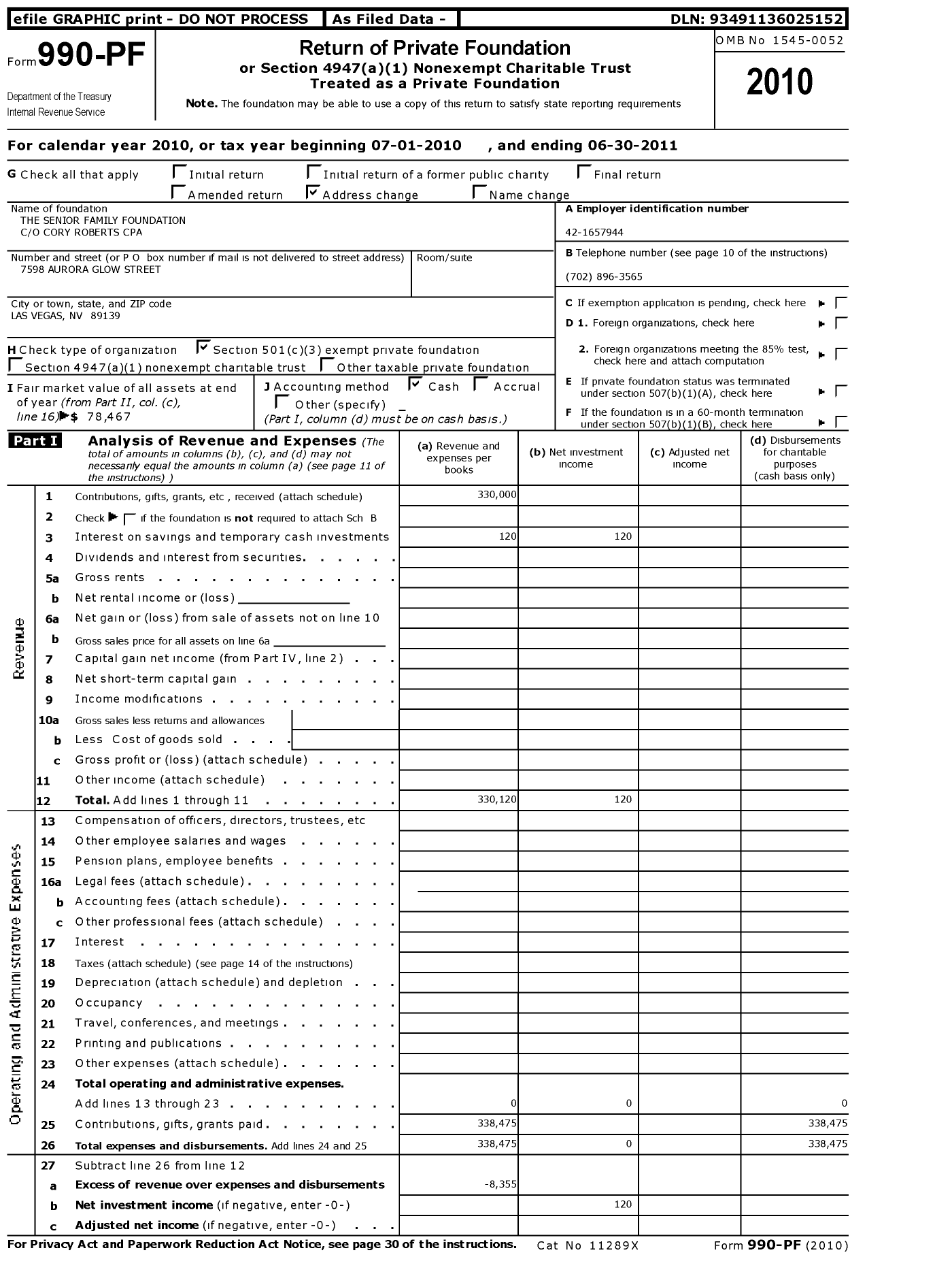 Image of first page of 2010 Form 990PF for Senior Family Foundation
