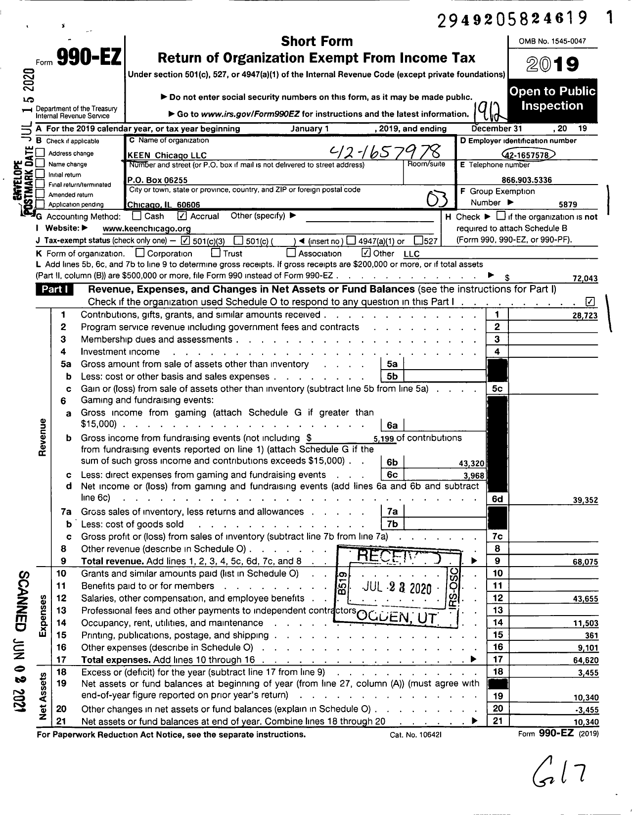 Image of first page of 2019 Form 990EZ for KEEN Chicago LLC