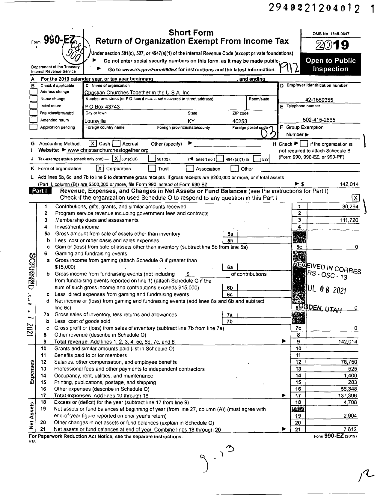 Image of first page of 2019 Form 990EZ for Christian Churches Together in the USA