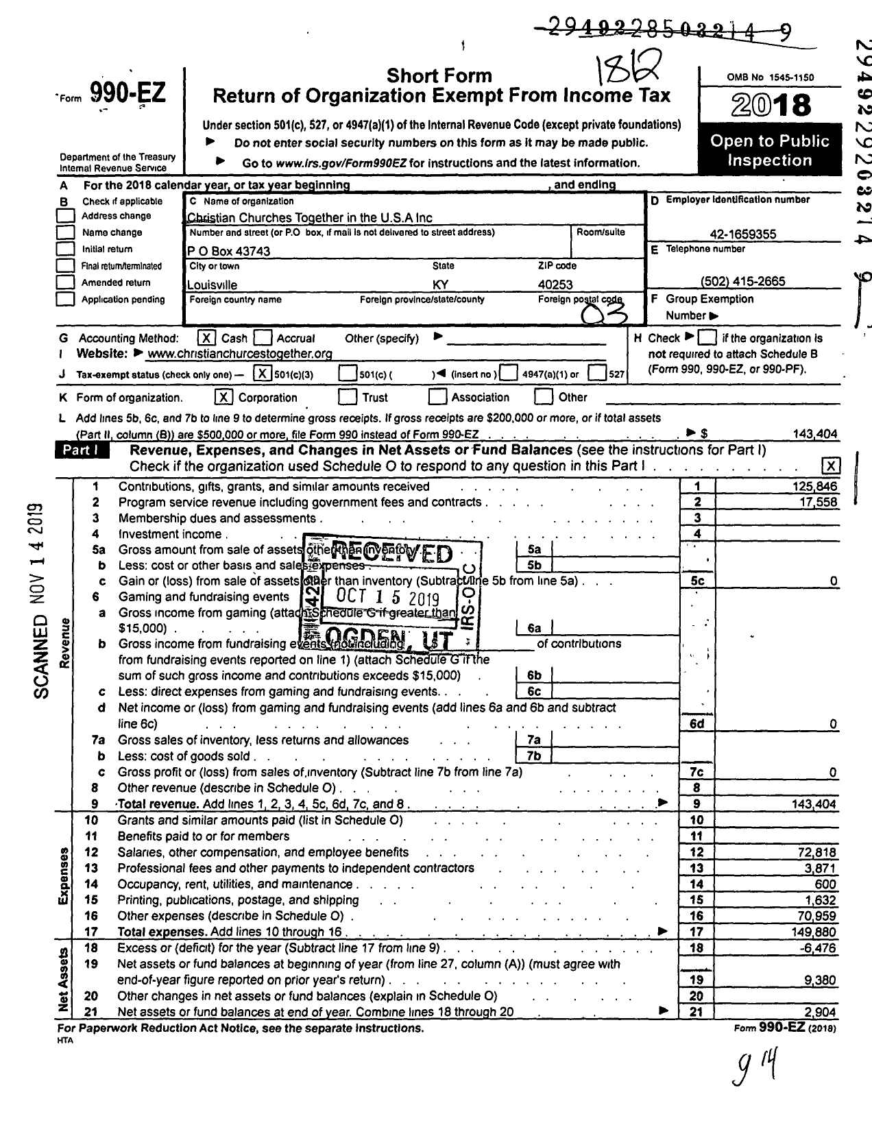 Image of first page of 2018 Form 990EZ for Christian Churches Together in the USA