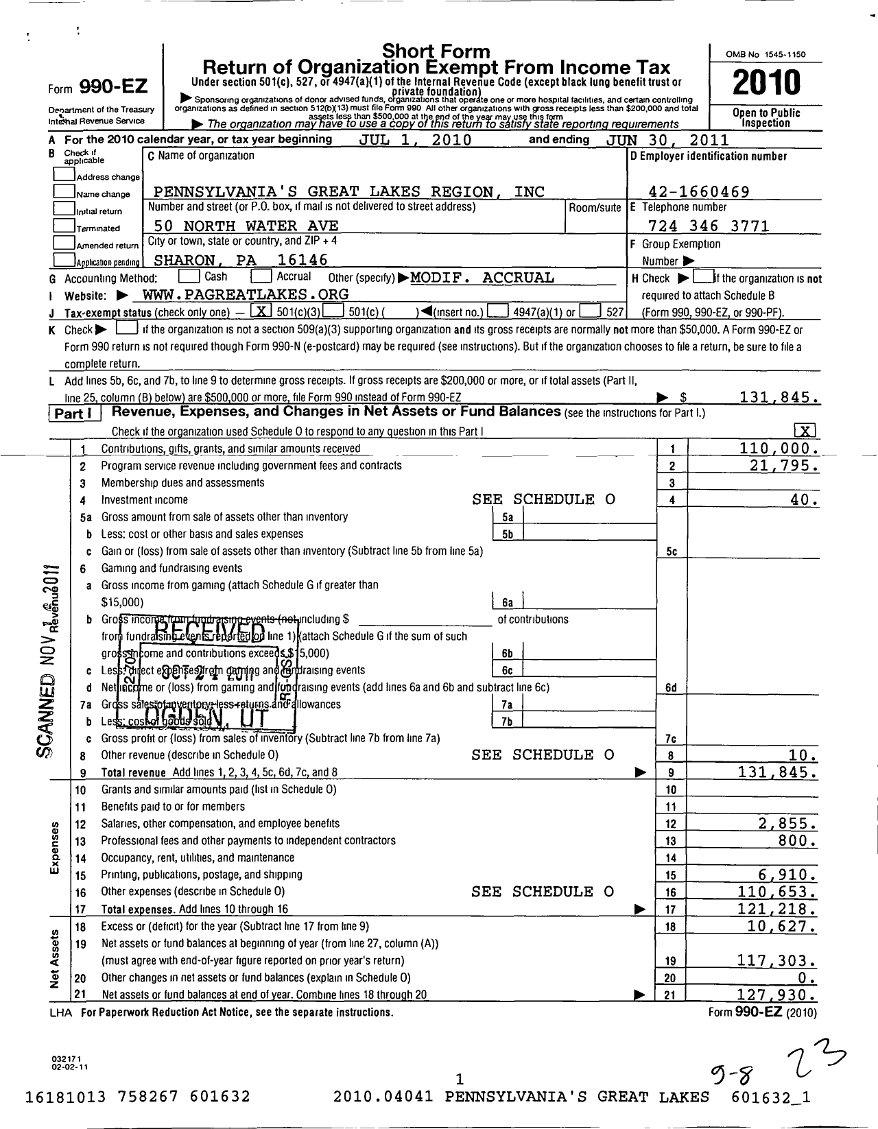 Image of first page of 2010 Form 990EZ for Pennsylvanias Great Lakes Region