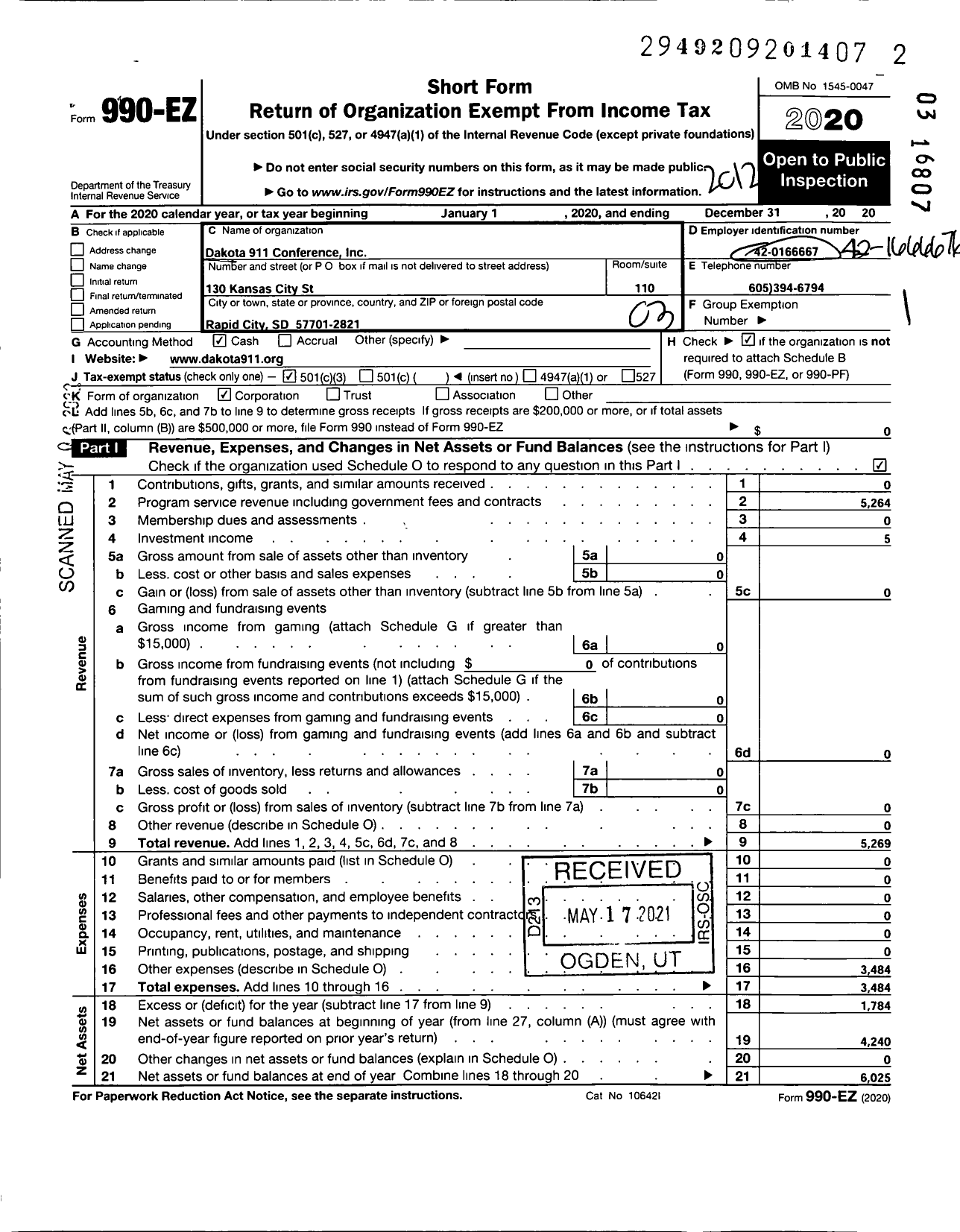 Image of first page of 2020 Form 990EZ for Dakota 911 Conference