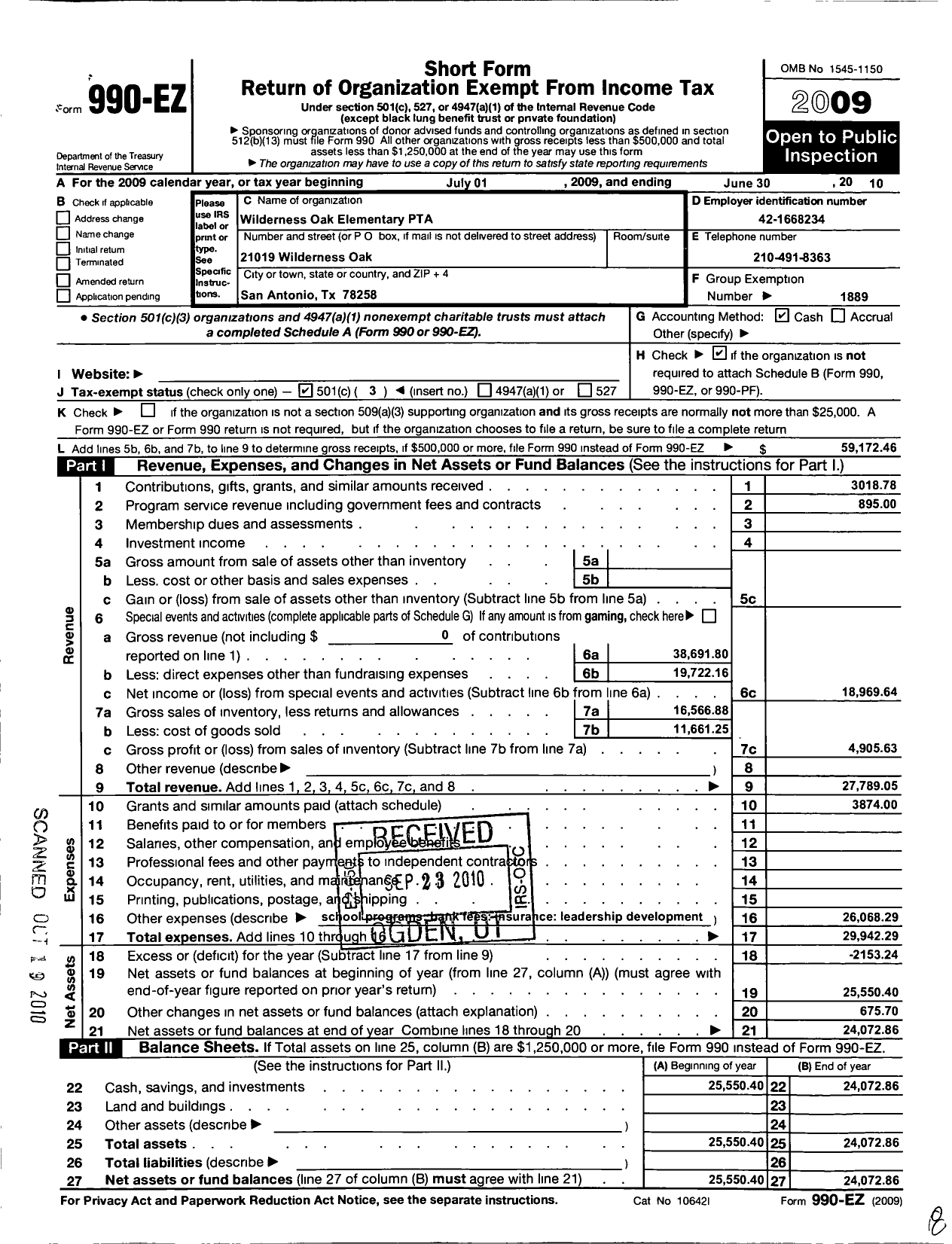 Image of first page of 2009 Form 990EZ for Texas PTA - Wilderness Oak Elementary PTA