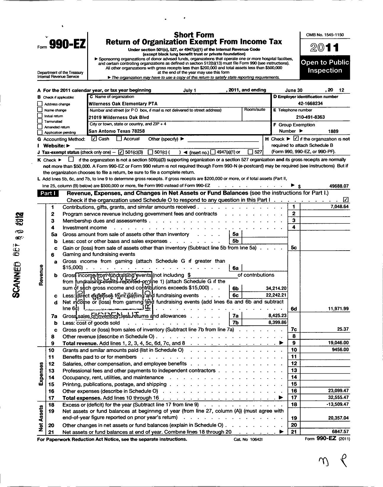 Image of first page of 2011 Form 990EZ for Texas PTA - Wilderness Oak Elementary PTA