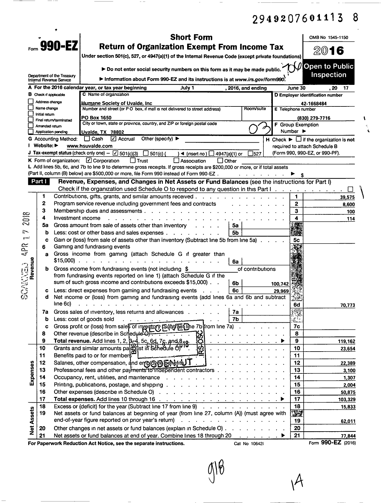 Image of first page of 2016 Form 990EZ for Briscoe Animal Resource Center of Uvalde