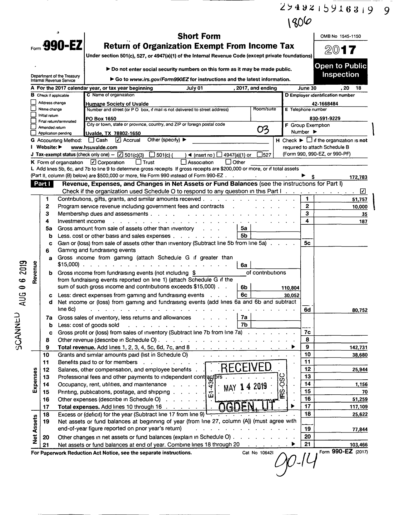 Image of first page of 2017 Form 990EZ for Briscoe Animal Resource Center of Uvalde (BARC)