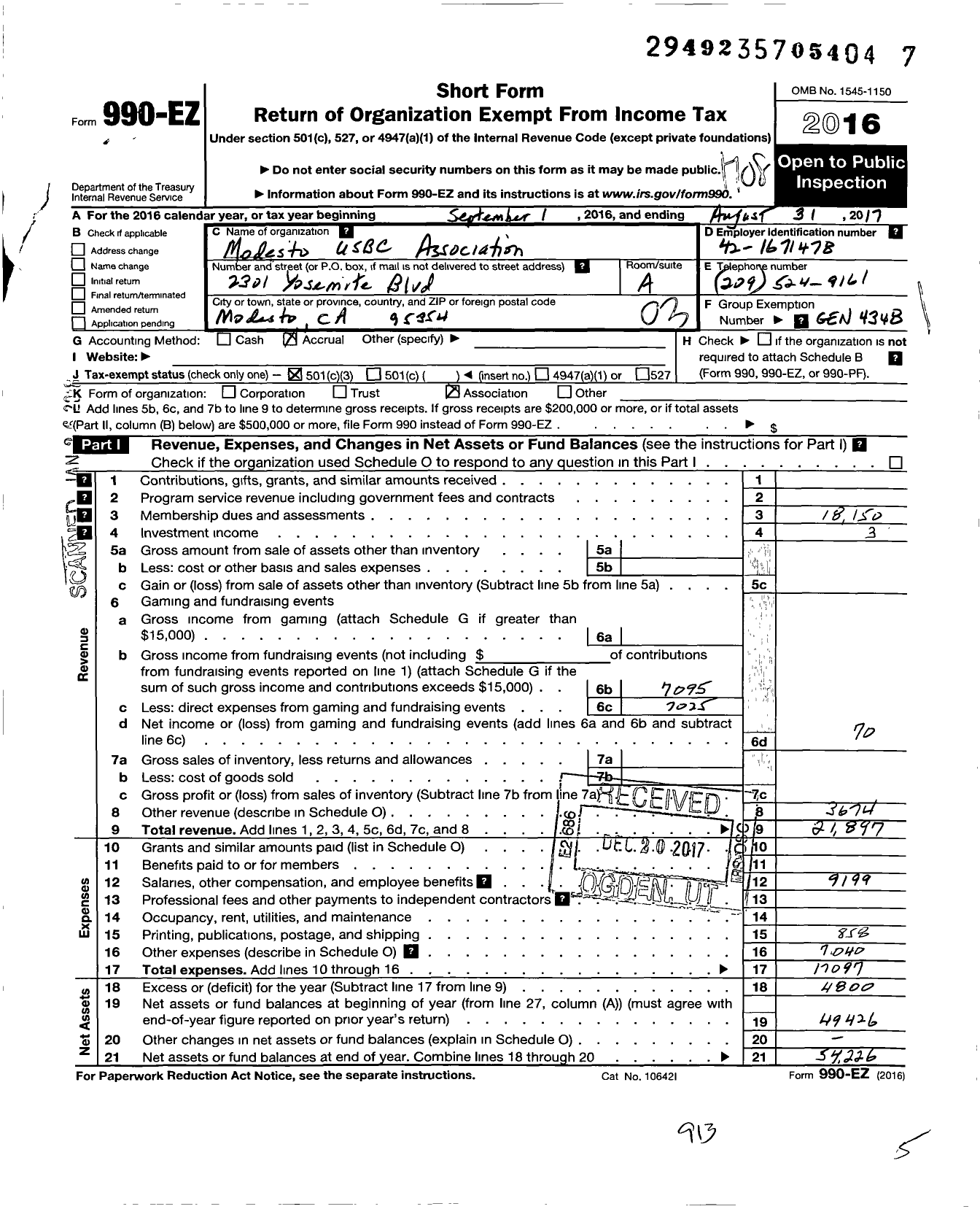 Image of first page of 2016 Form 990EZ for United States Bowling Congress - 82225 Modesto Usbc