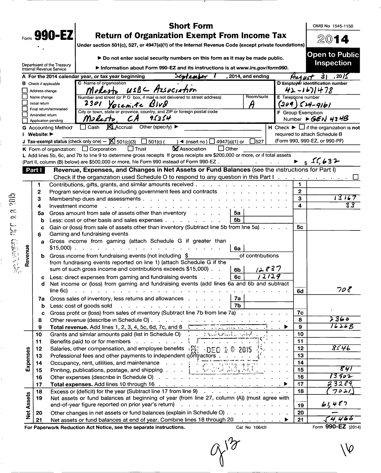 Image of first page of 2014 Form 990EZ for United States Bowling Congress - 82225 Modesto Usbc