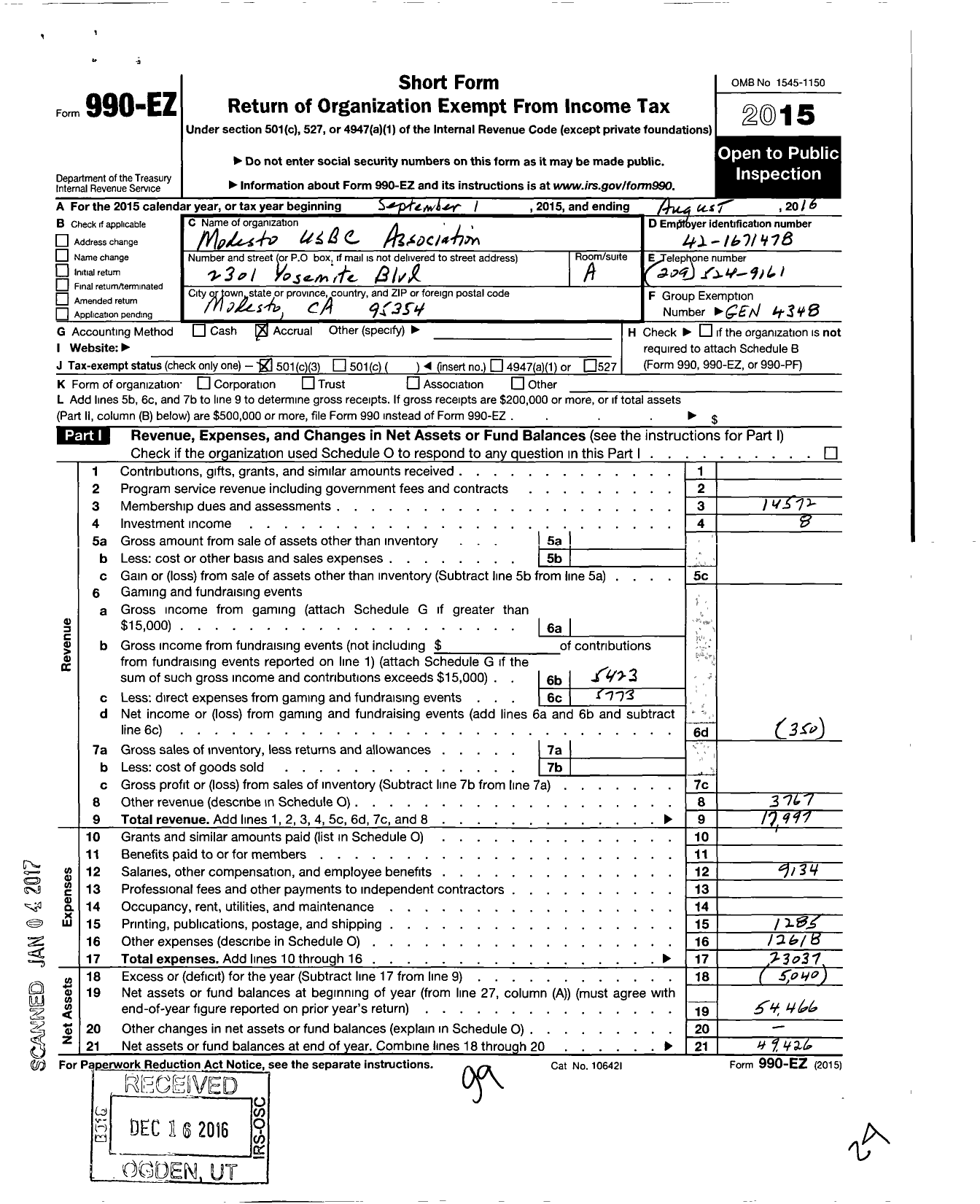 Image of first page of 2015 Form 990EZ for United States Bowling Congress - 82225 Modesto Usbc