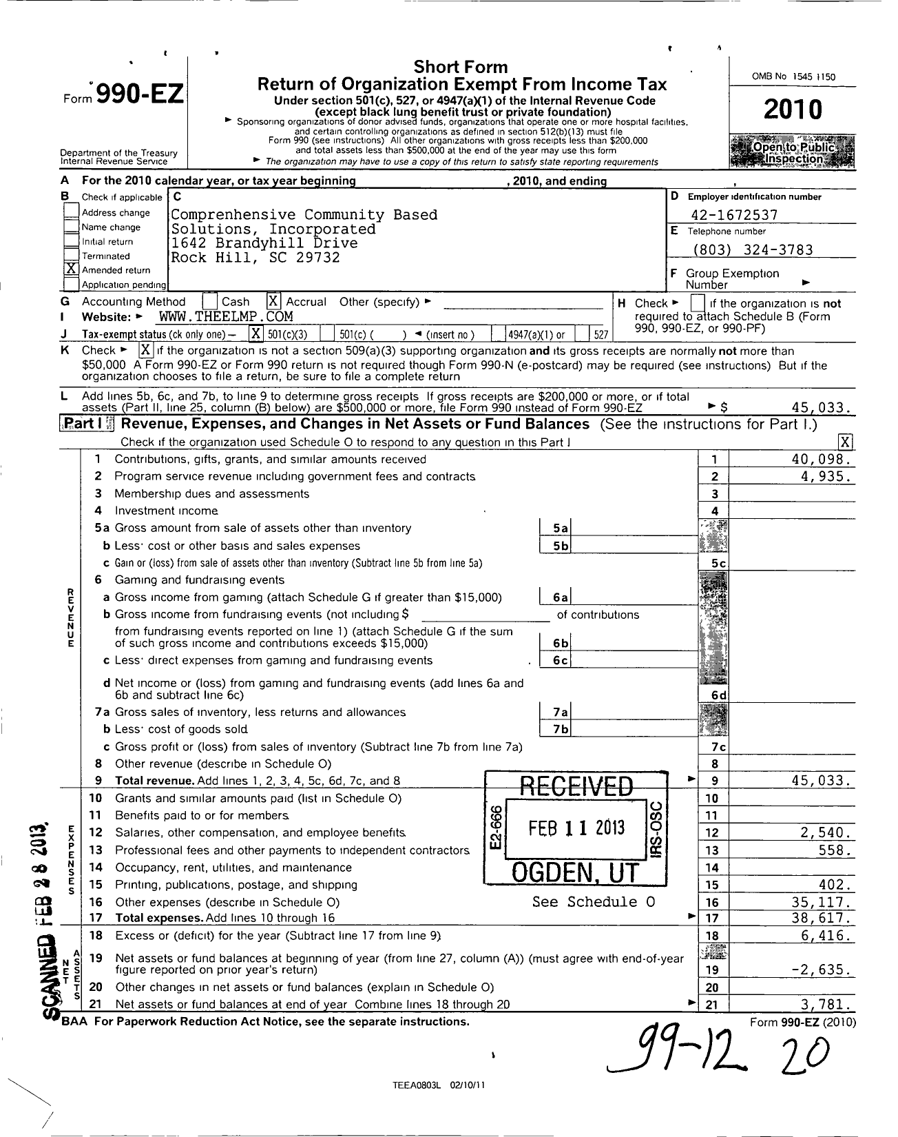 Image of first page of 2010 Form 990EZ for Comprehensive Community Based Solutions