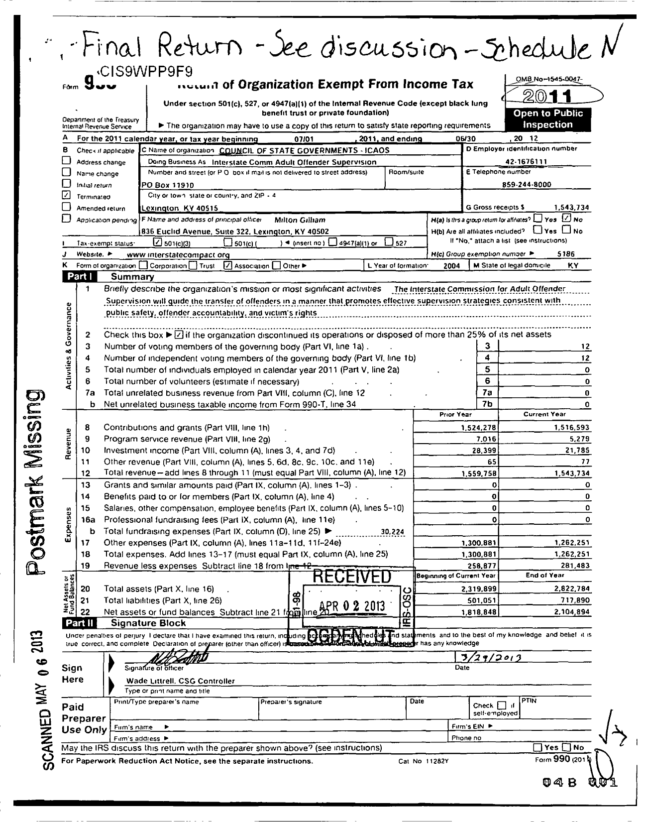 Image of first page of 2011 Form 990 for Council of State Governments - Icaos
