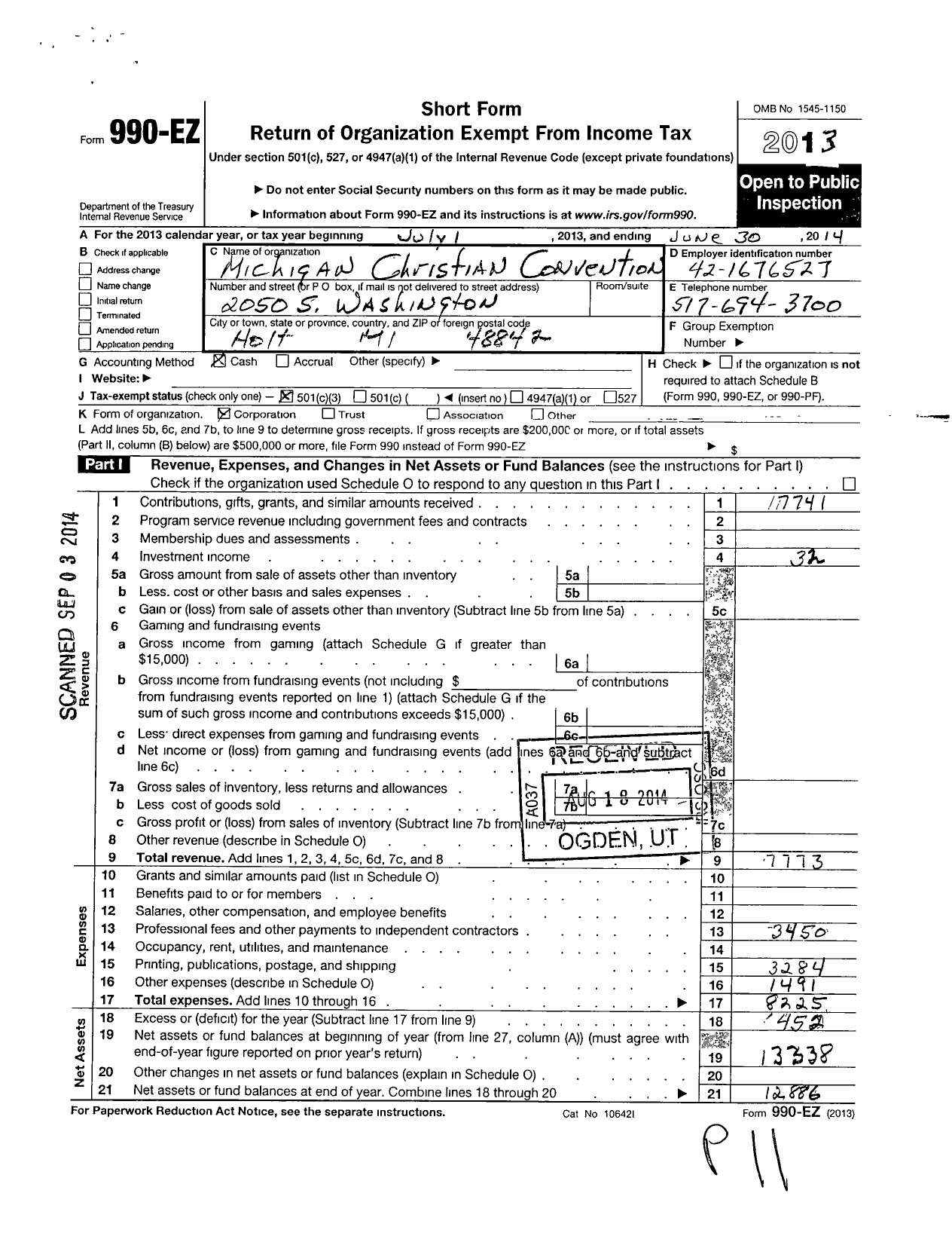 Image of first page of 2013 Form 990EZ for Michigan Christian Convention