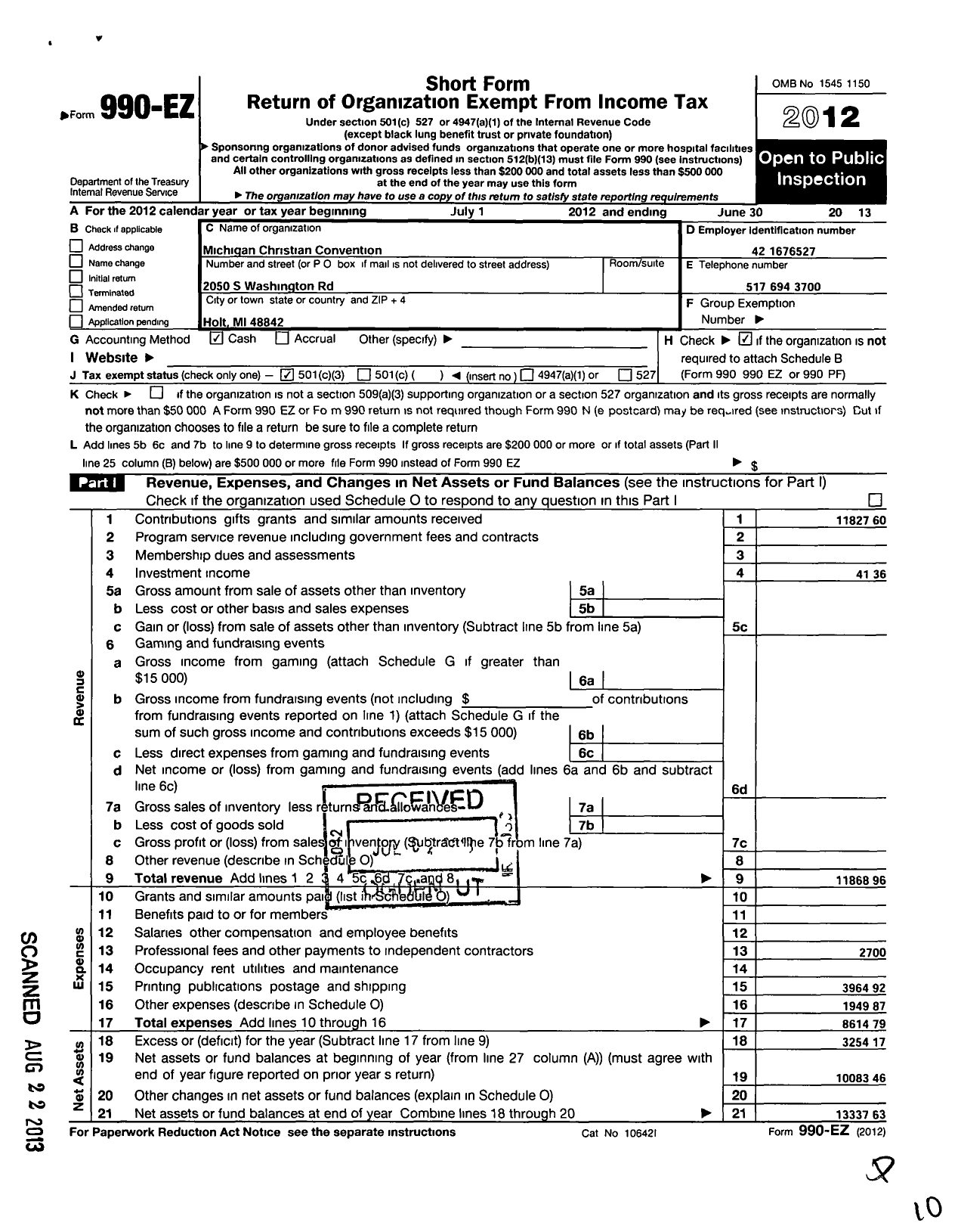 Image of first page of 2012 Form 990EZ for Michigan Christian Convention